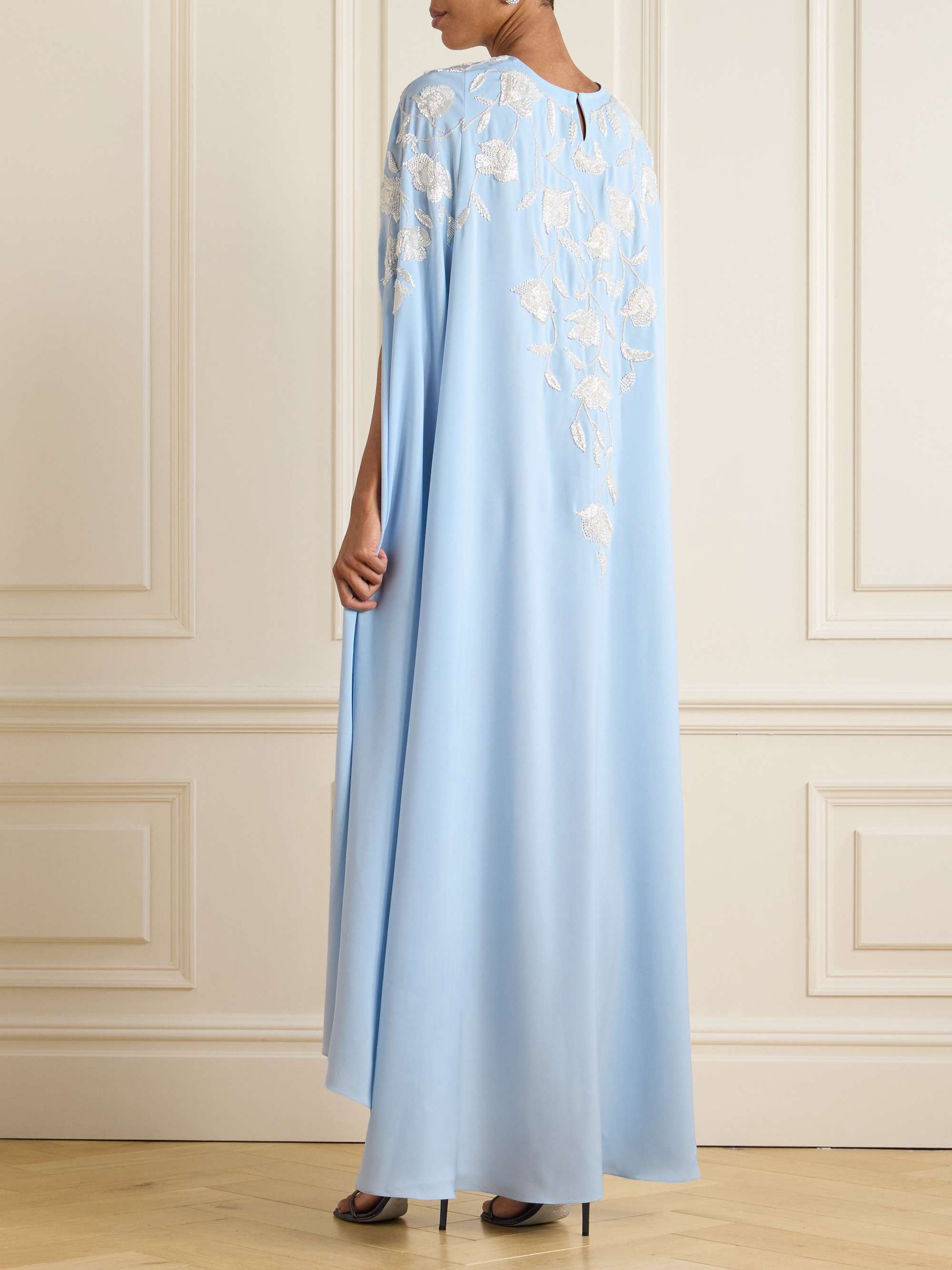 Bead-embellished cape-effect crepe gown view