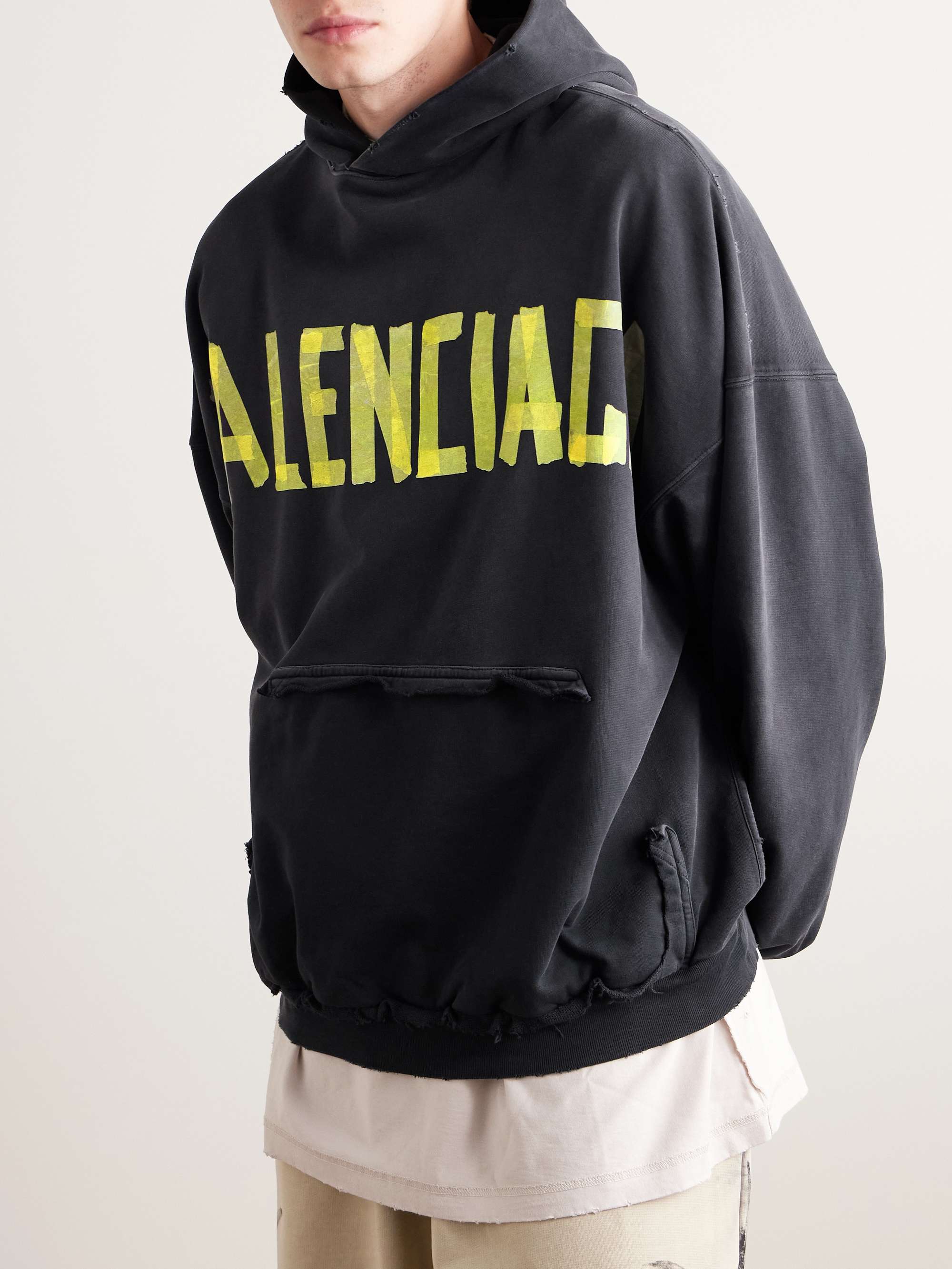 Tape Type Oversized Distressed Logo-Print Cotton-Jersey Hoodie view