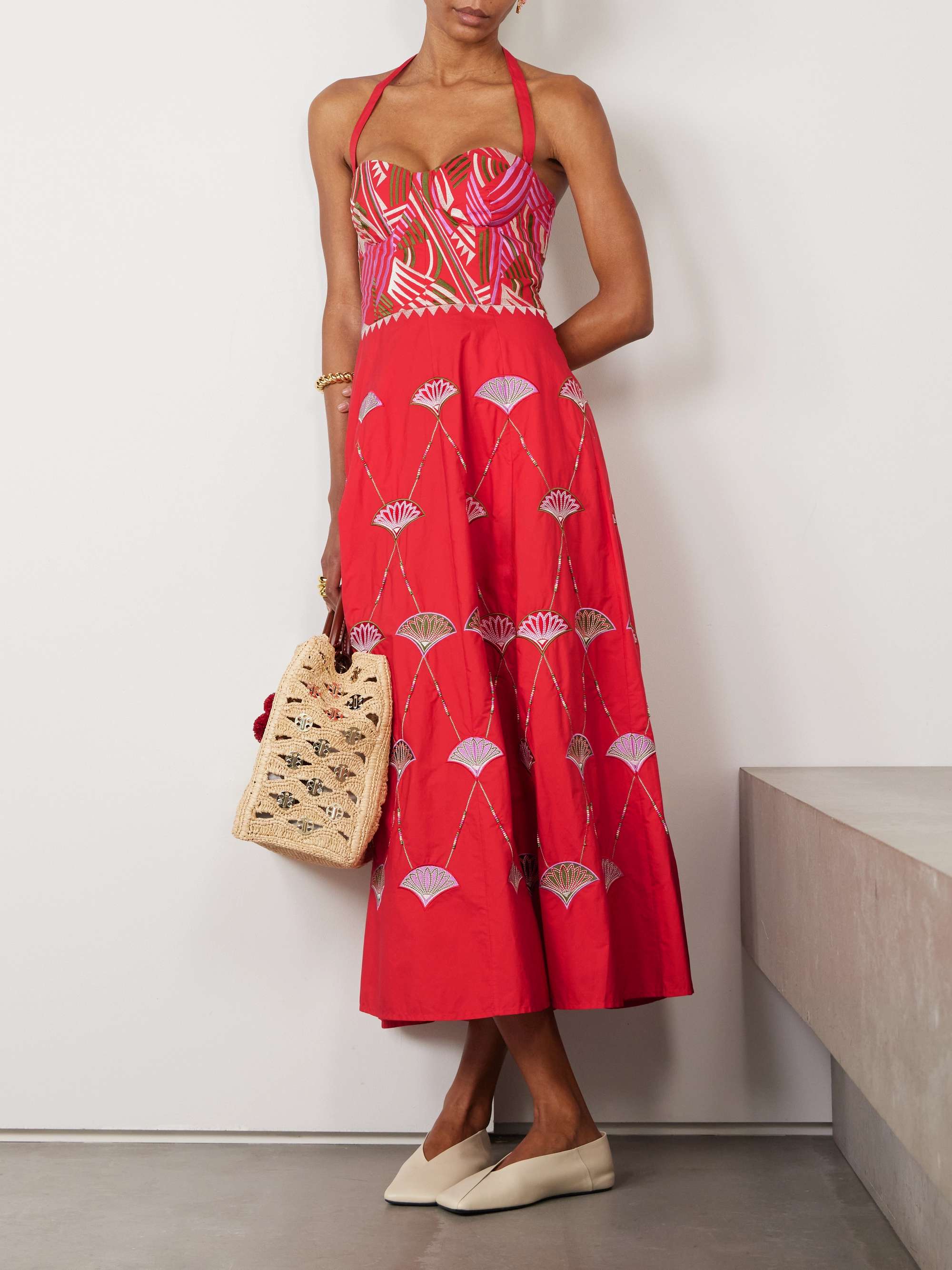 Lotty bead-embellished embroidered cotton-blend poplin halterneck midi dress view