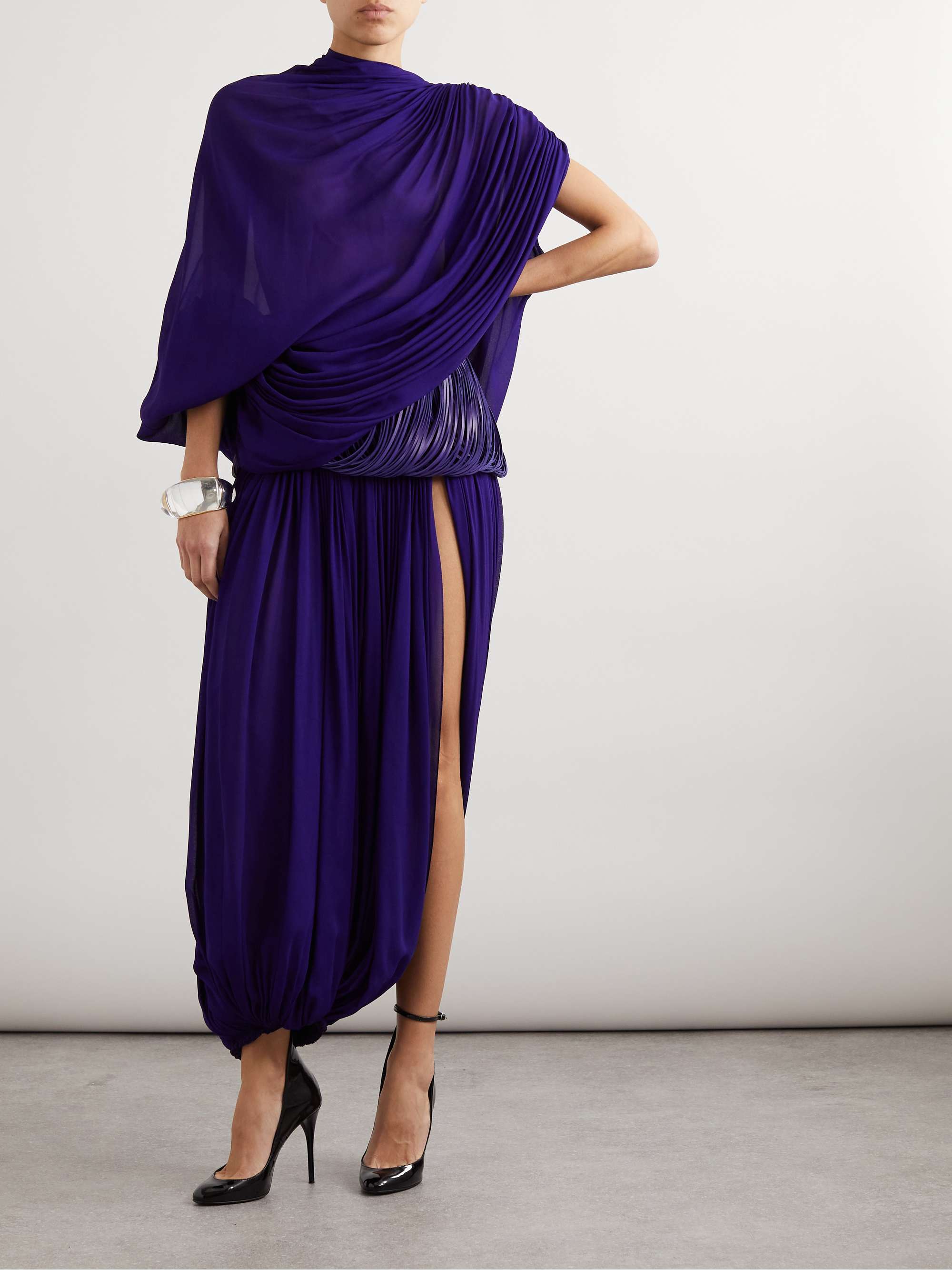 Asymmetric gathered draped georgette top view