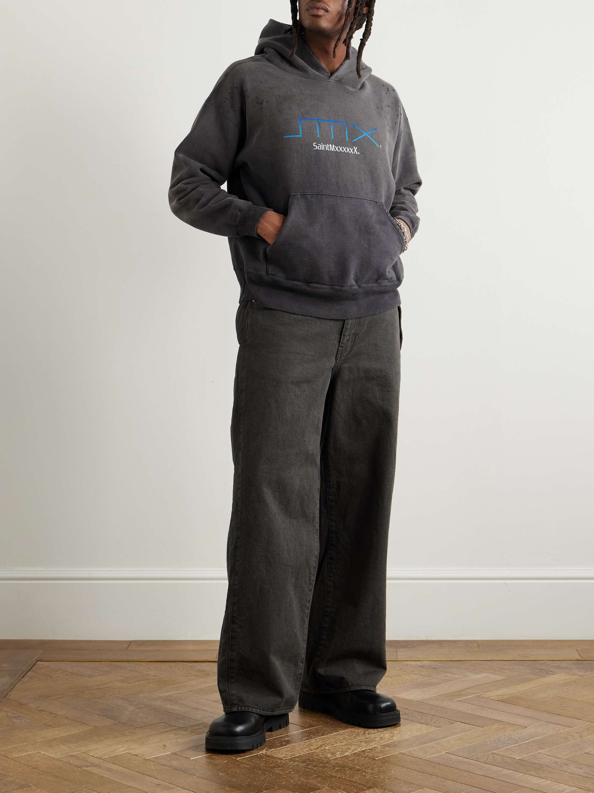 SMX6 Distressed Logo-Print Cotton-Jersey Hoodie view