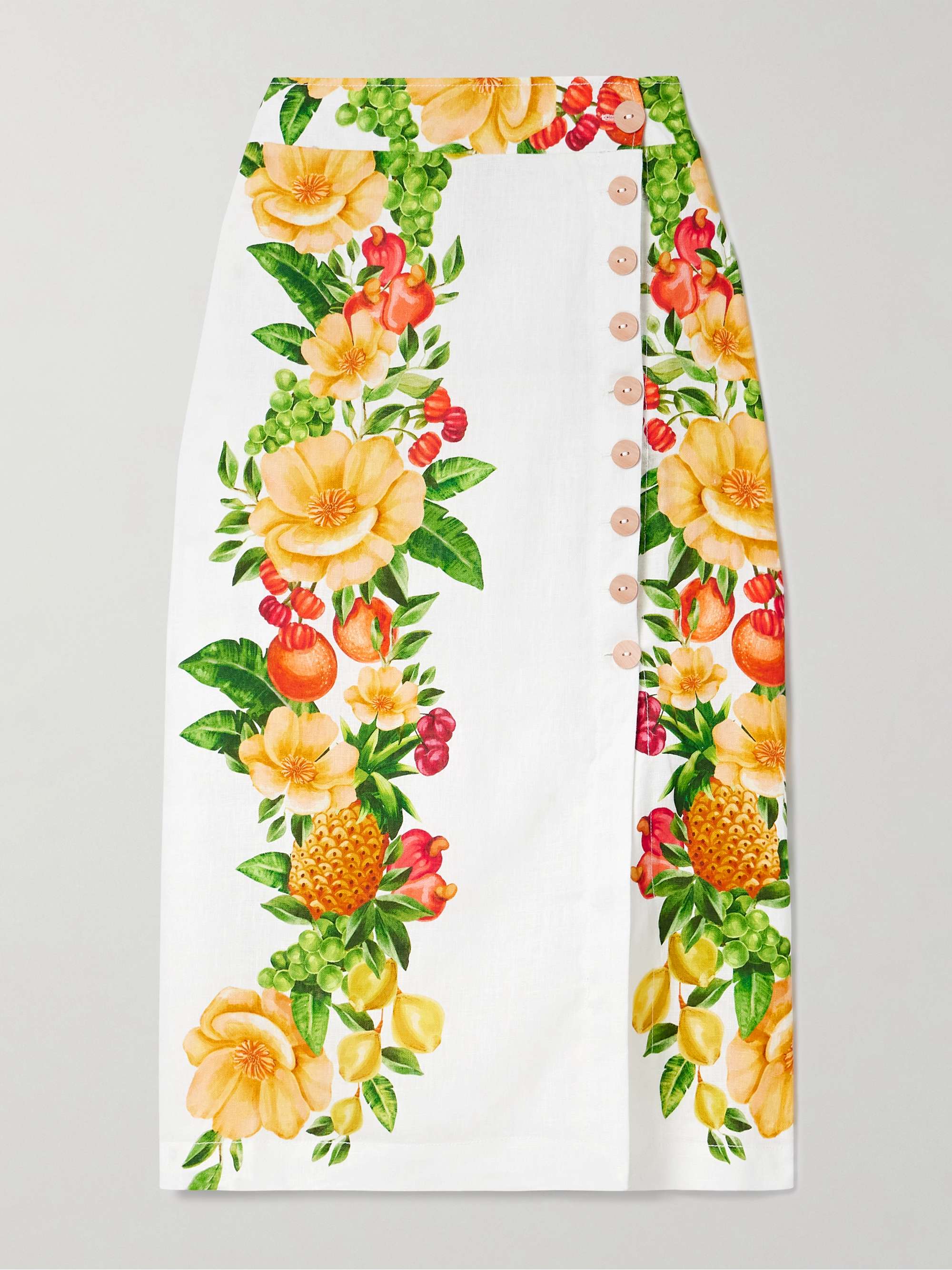 Floral-print linen midi wrap skirt view