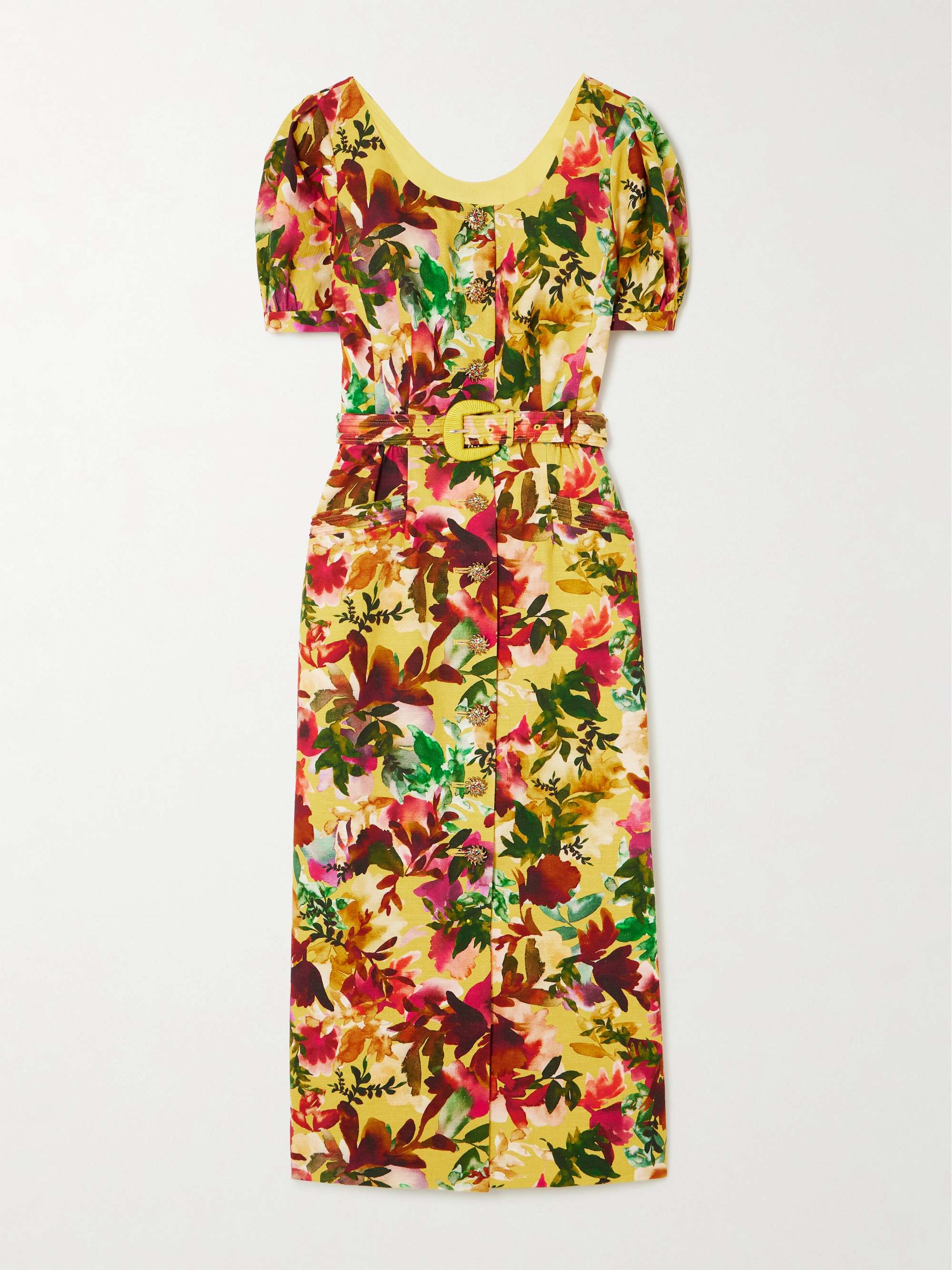 Blanca belted embellished floral-print cotton-dupioni midi dress view