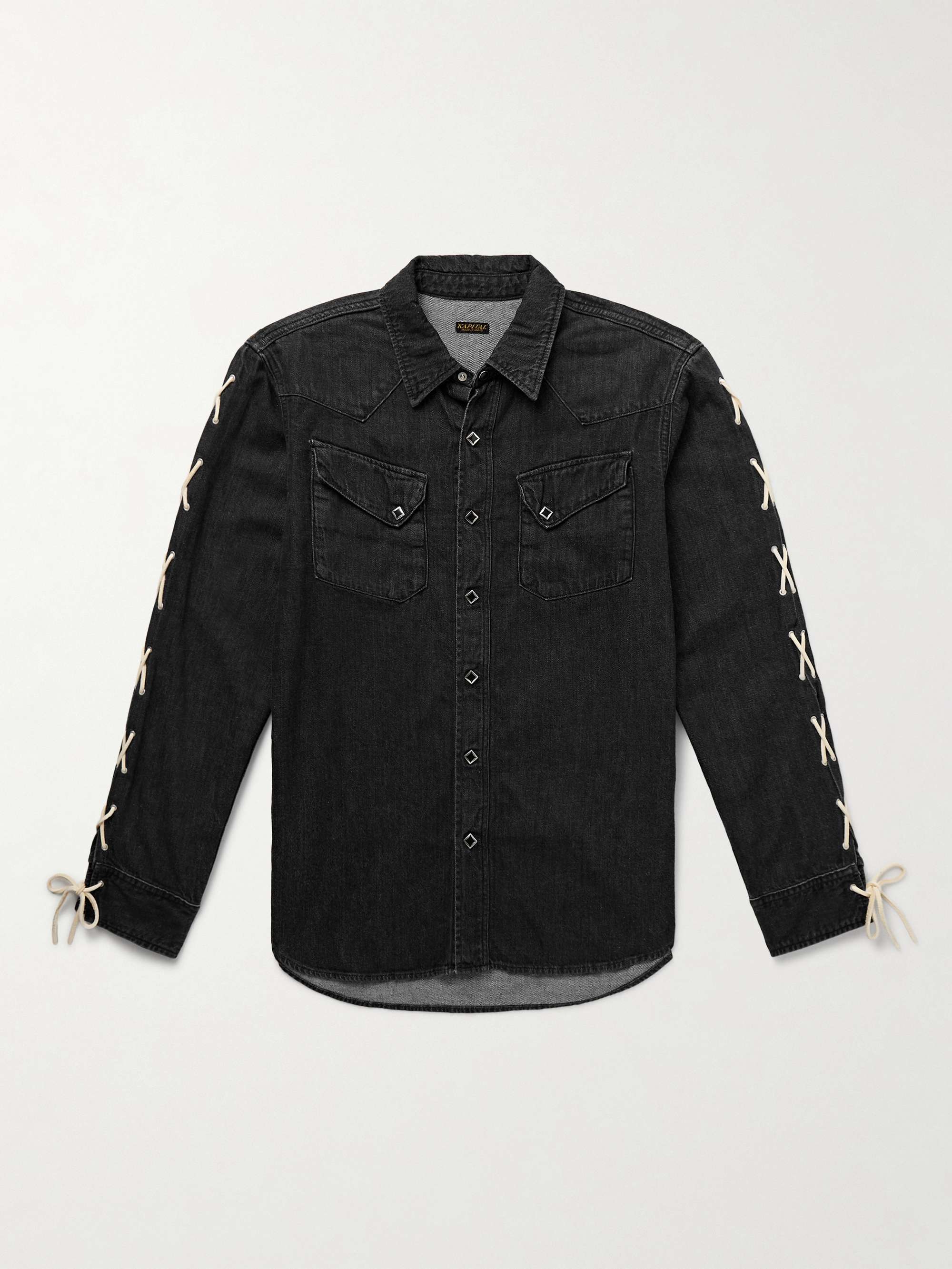 Slim-Fit Leather-Trimmed Lace-Up Denim Shirt view