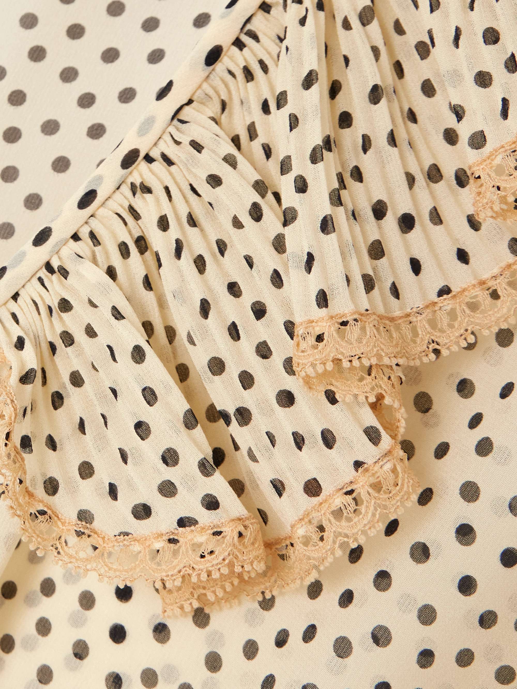 Lace-trimmed ruffled polka-dot silk-chiffon blouse view