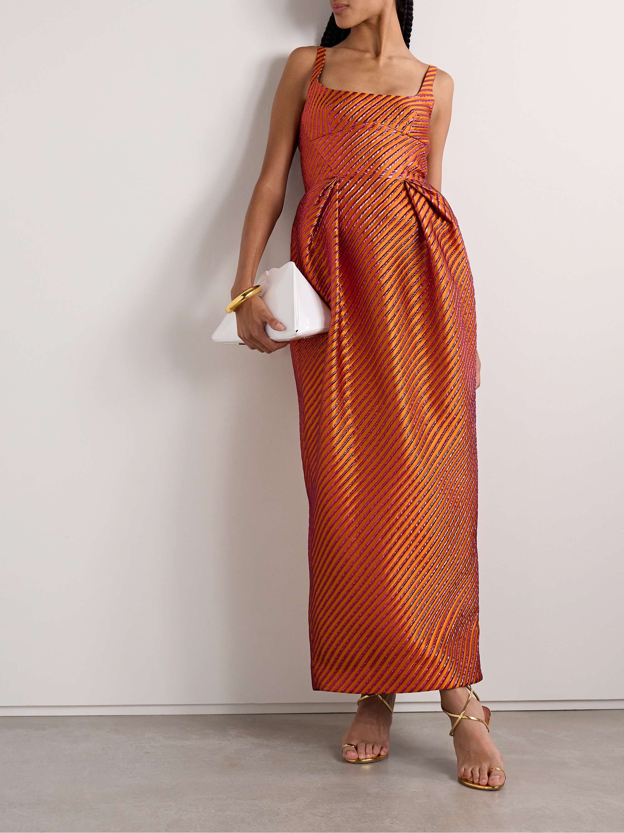 Pleated striped metallic jacquard maxi dress view