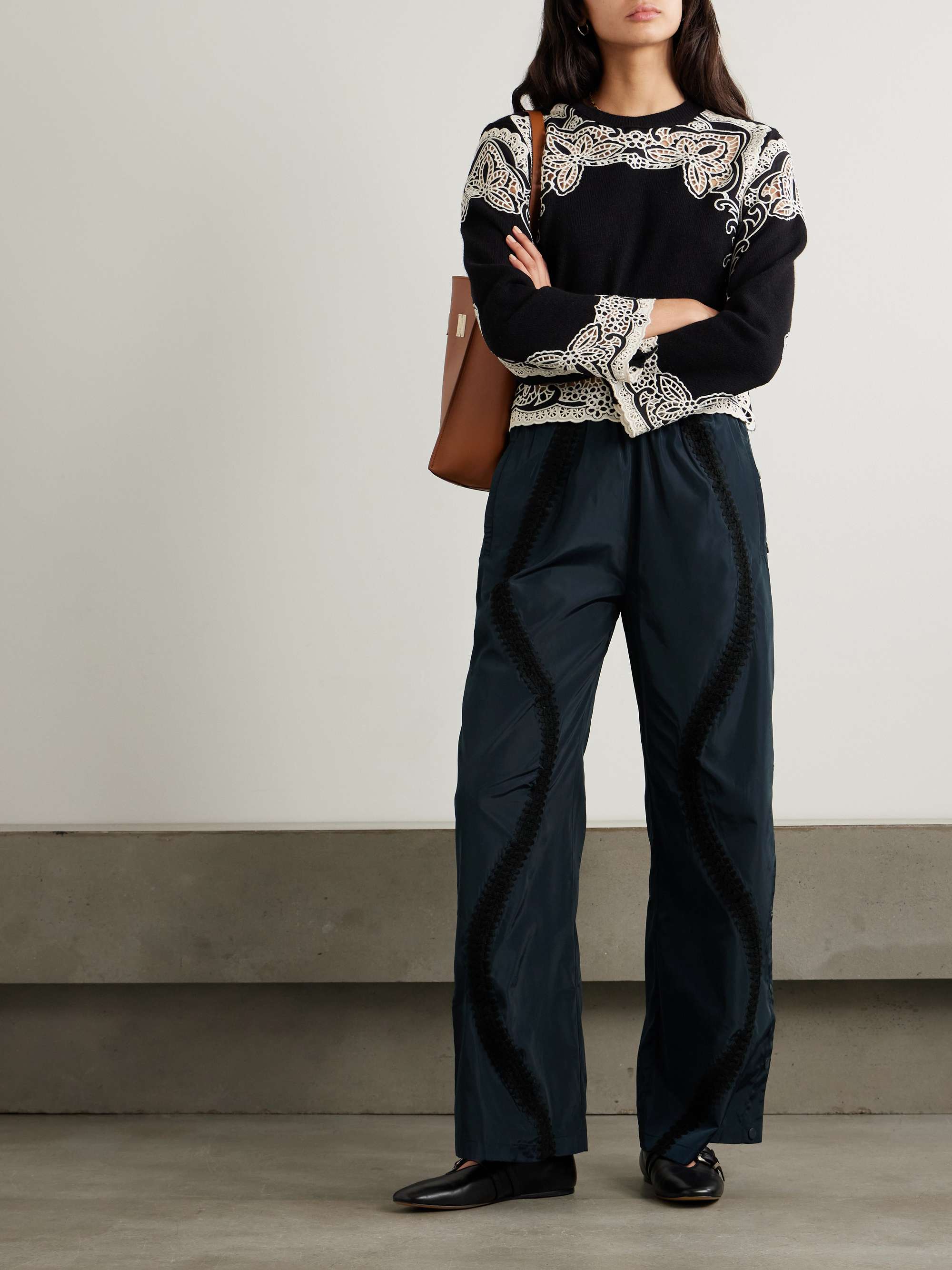 Averie crochet-trimmed button-embellished shell wide-leg pants view