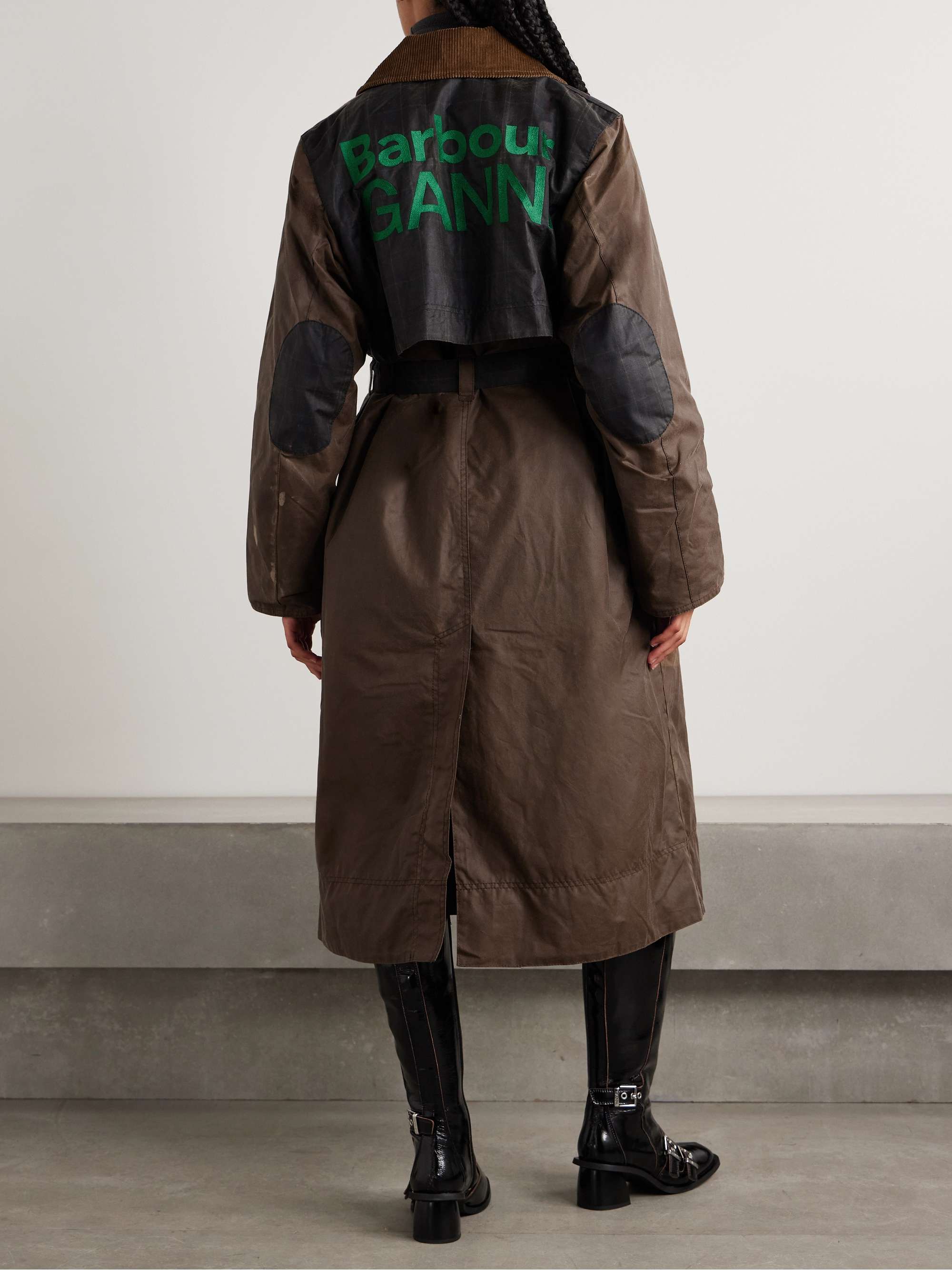 + GANNI belted corduroy-trimmed paneled checked waxed-organic cotton trench coat view