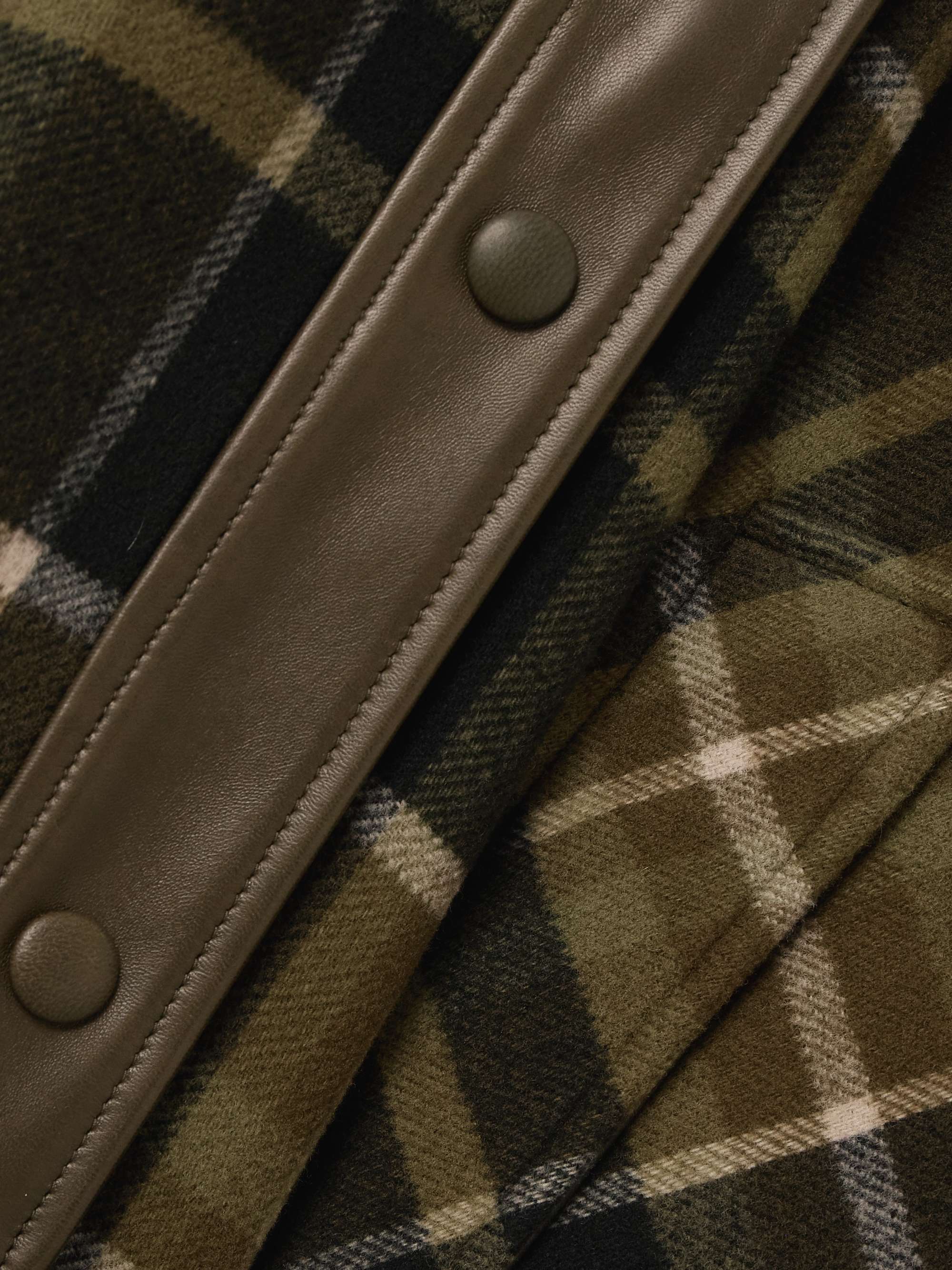 Oversized leather-trimmed checked wool-blend flannel coat view