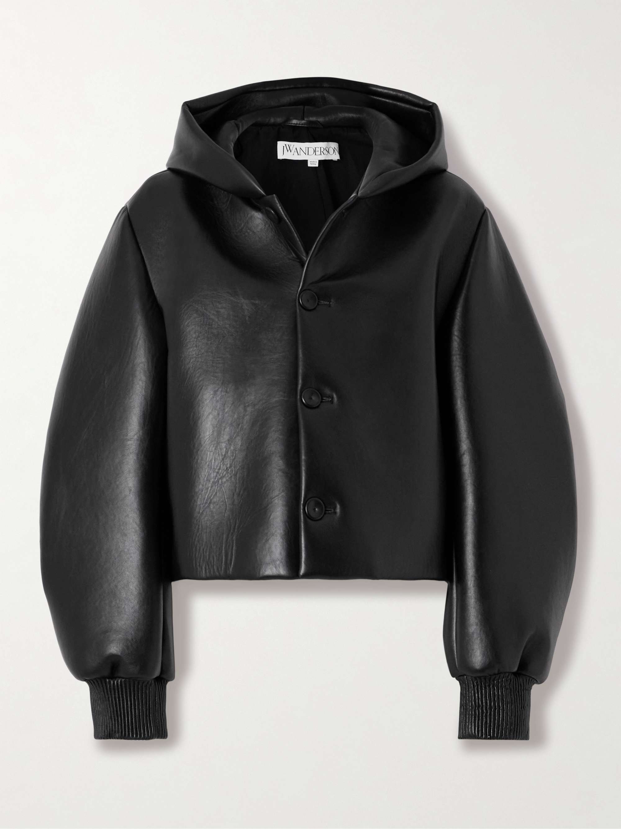 Hooded cropped padded leather jacket view