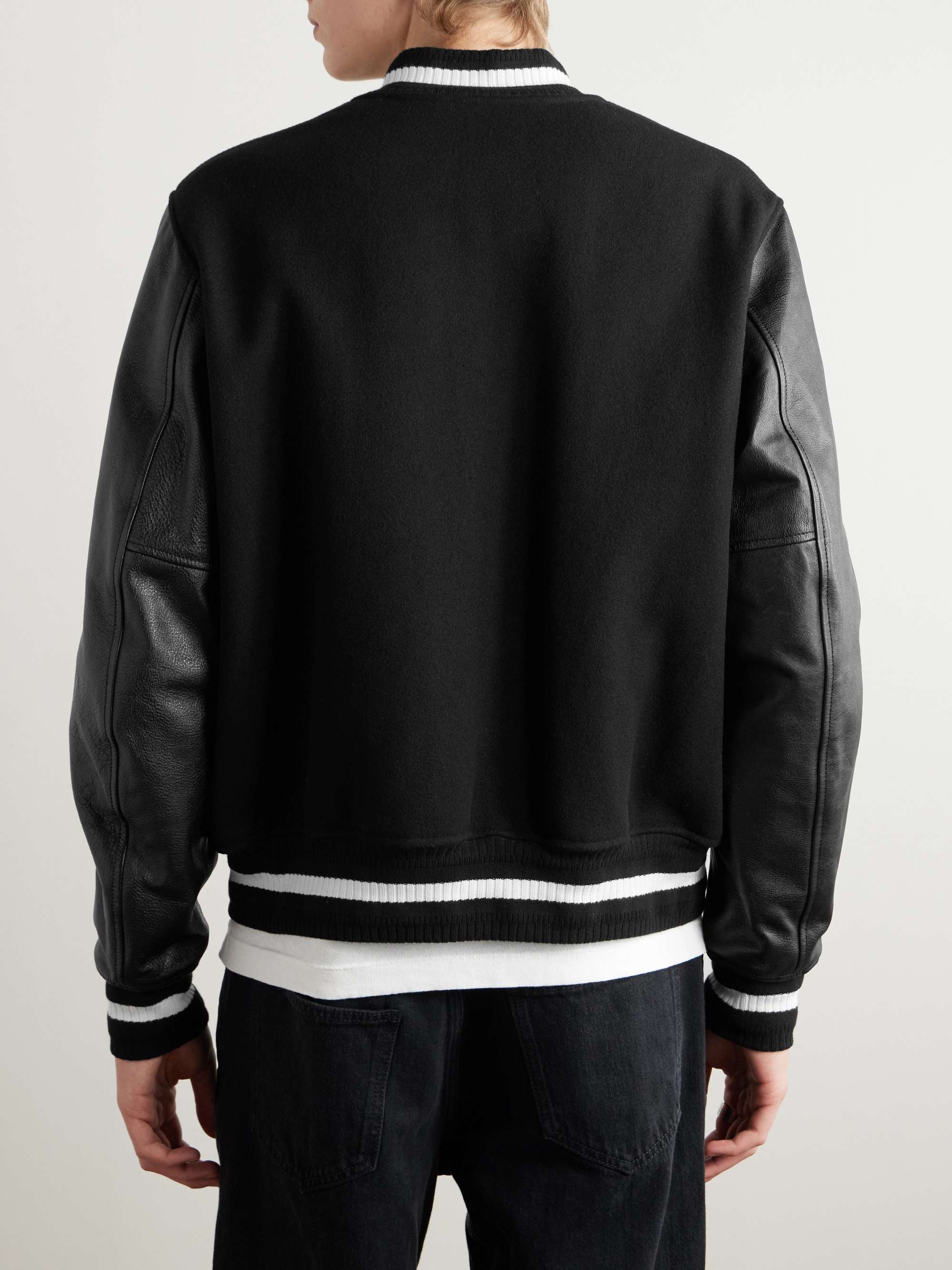 Logo-Appliquéd Brushed Wool-Blend and Leather Varsity Jacket view
