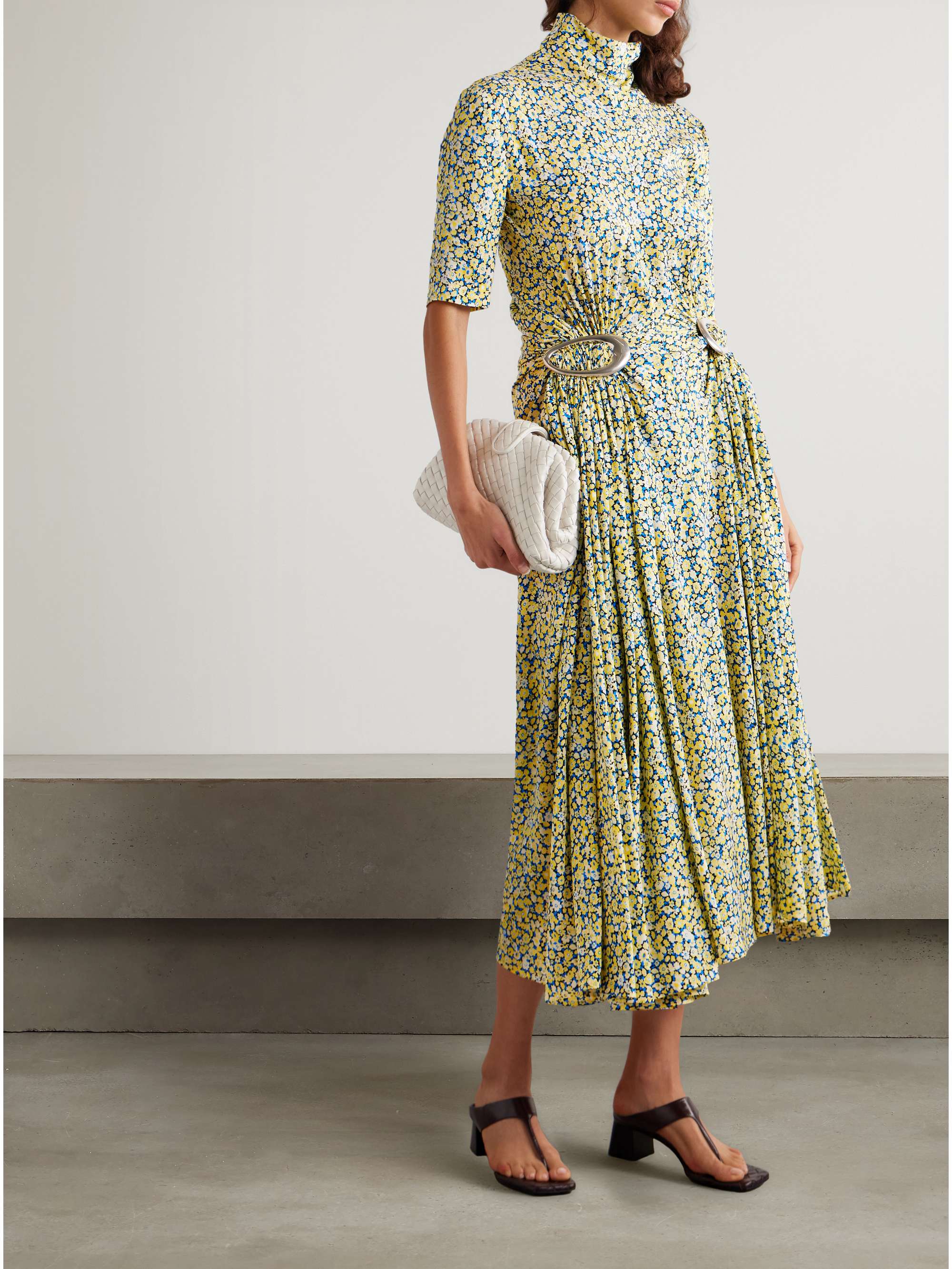 Embellished gathered pleated floral-print crepe turtleneck midi dress view