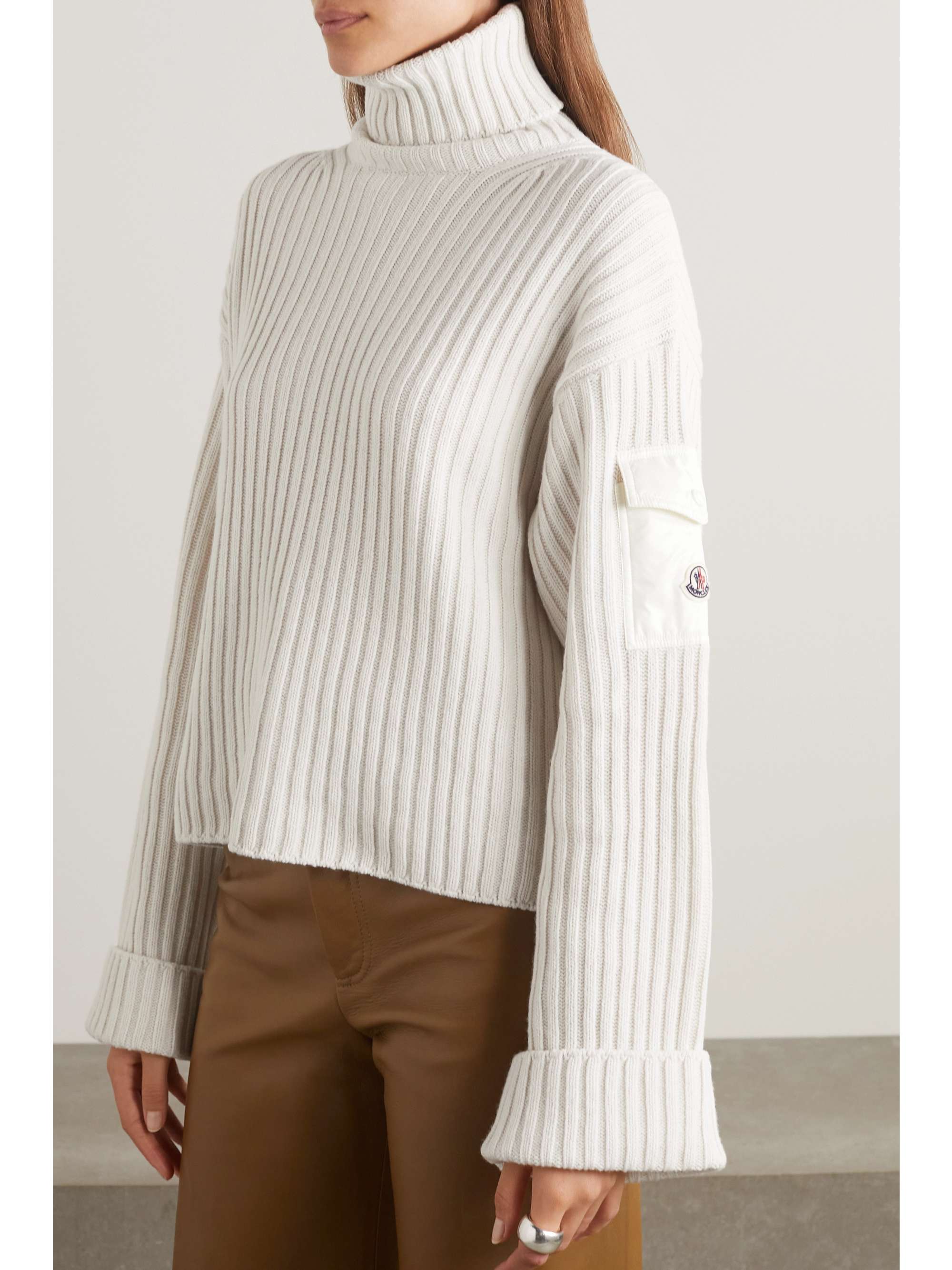 Shell-trimmed ribbed wool turtleneck sweater view