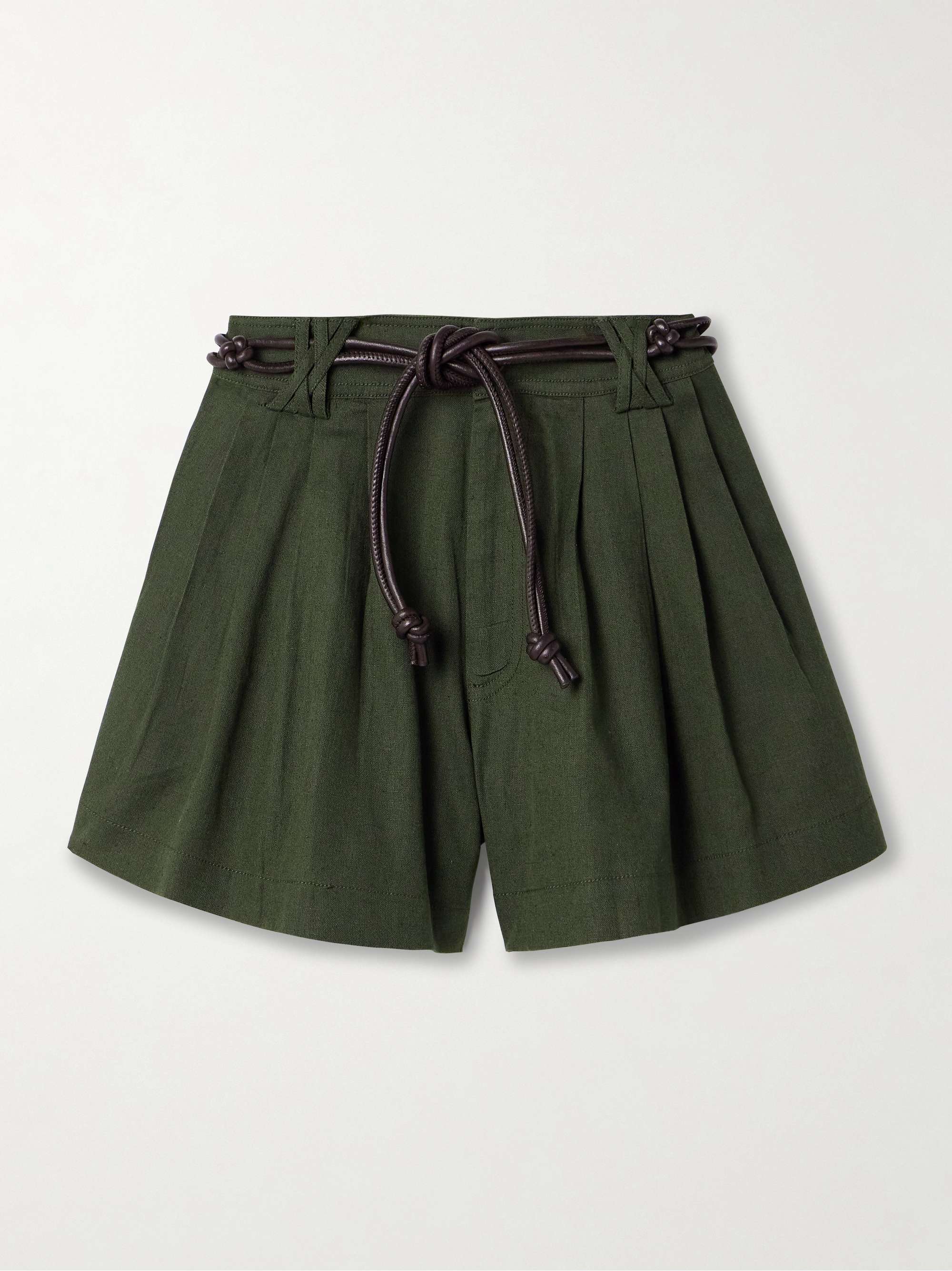 Shai belted pleated cotton and linen-blend shorts view