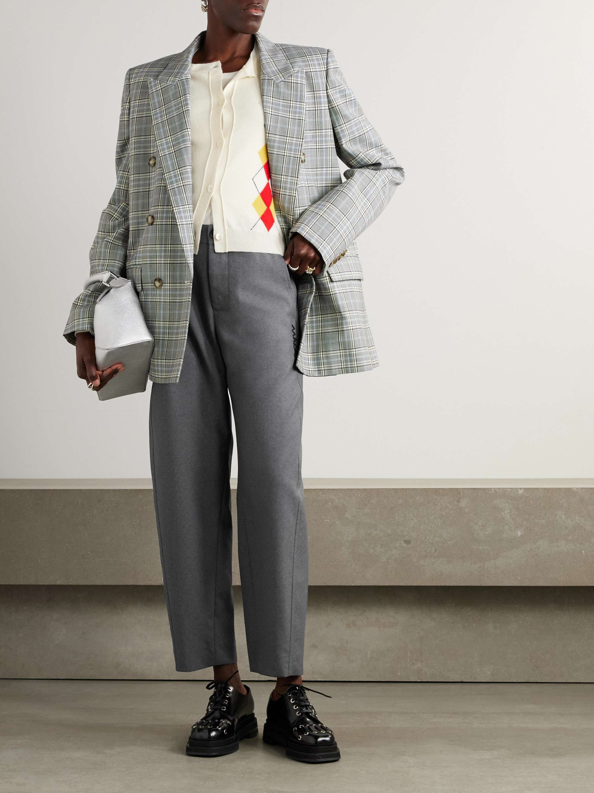 Cropped embroidered wool straight-leg pants view
