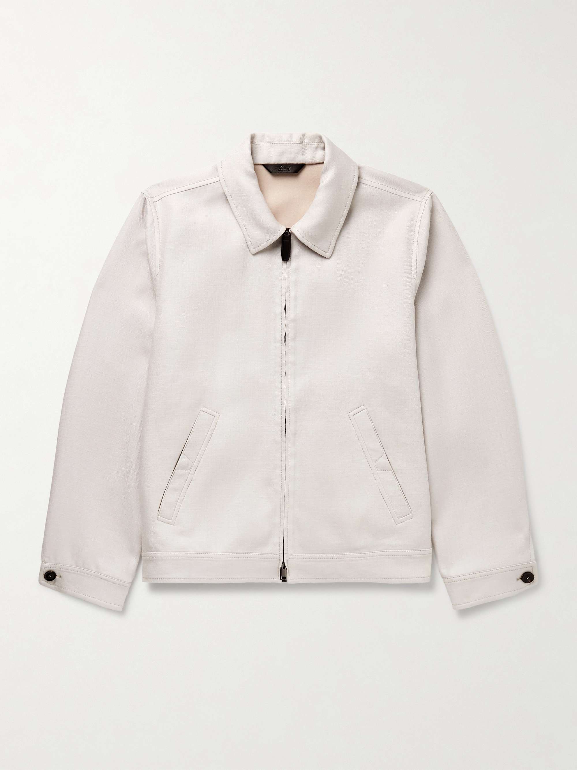 Leather-Trimmed Linen-Blend Bomber Jacket view