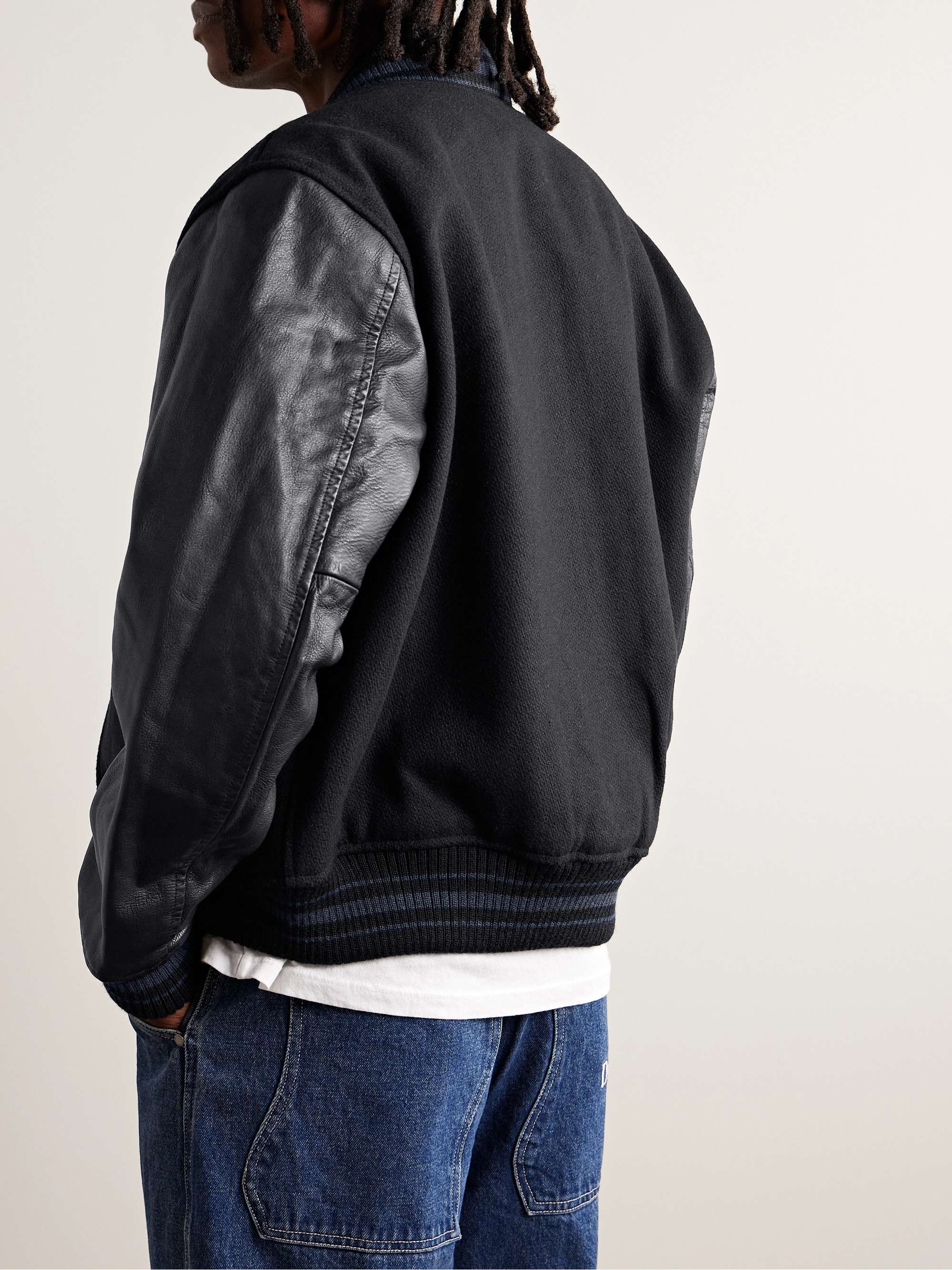 Logo-Appliquéd Embroidered Leather and Wool-Blend Varsity Jacket view