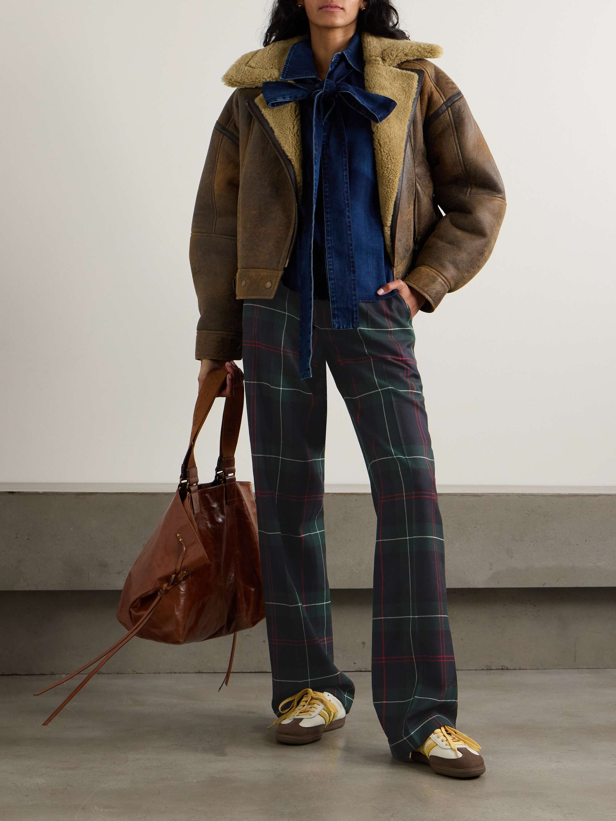 Checked wool-flannel straight-leg pants view