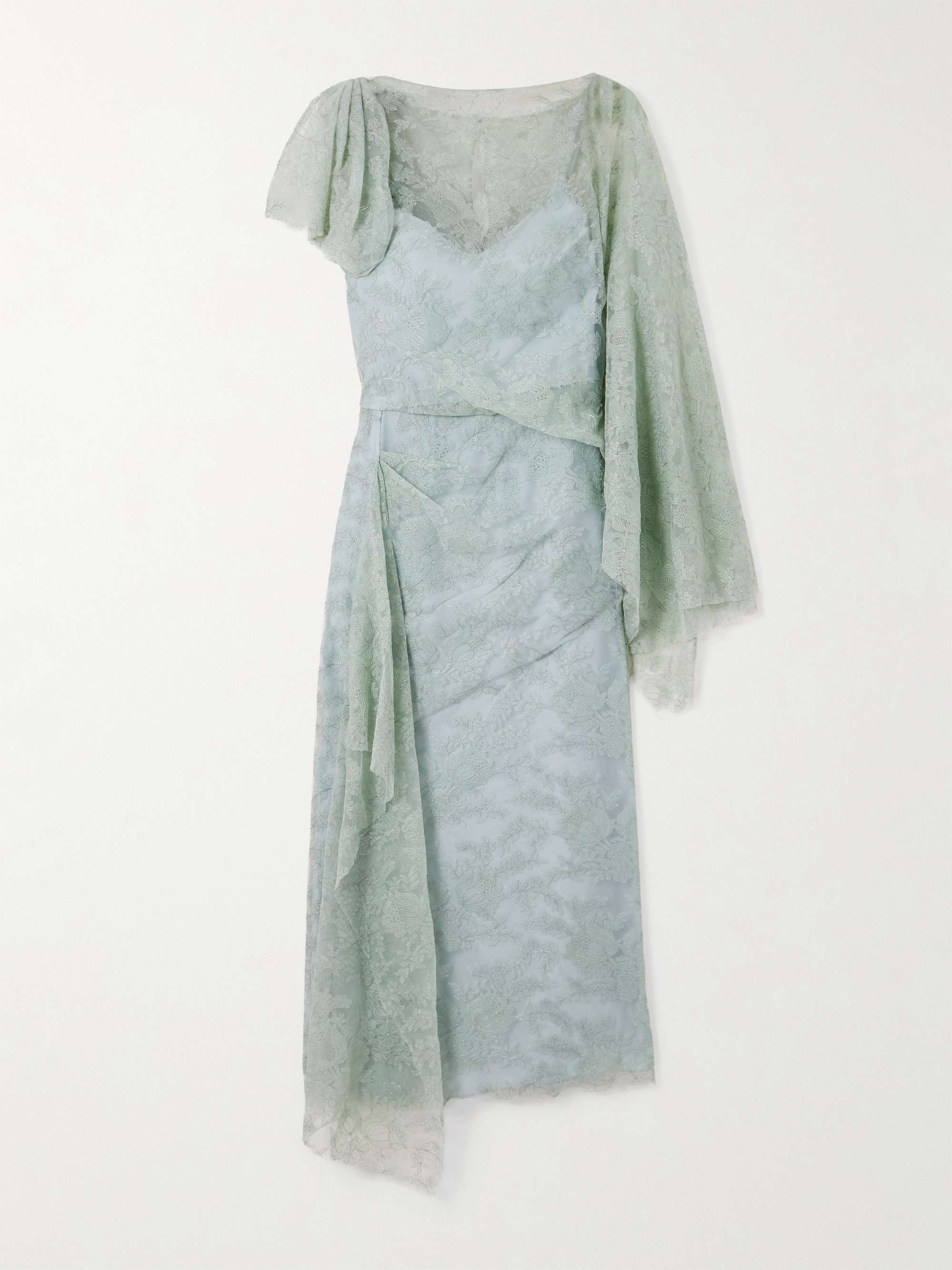 Asymmetric draped crepon-trimmed embroidered tulle midi dress view