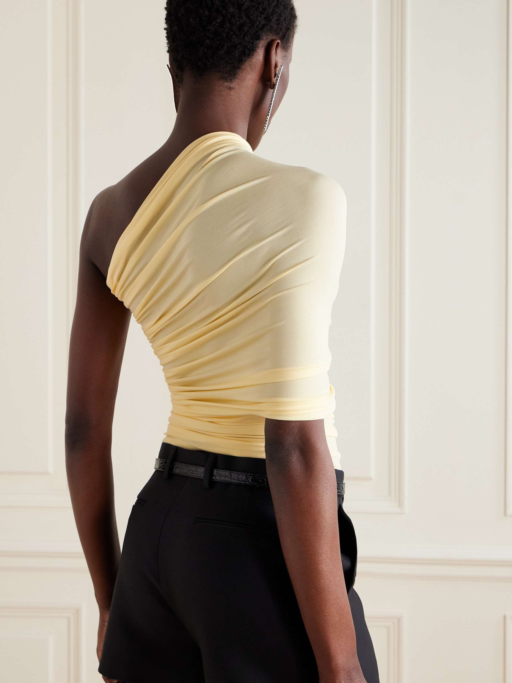 One-shoulder draped wrap-effect stretch-jersey top view