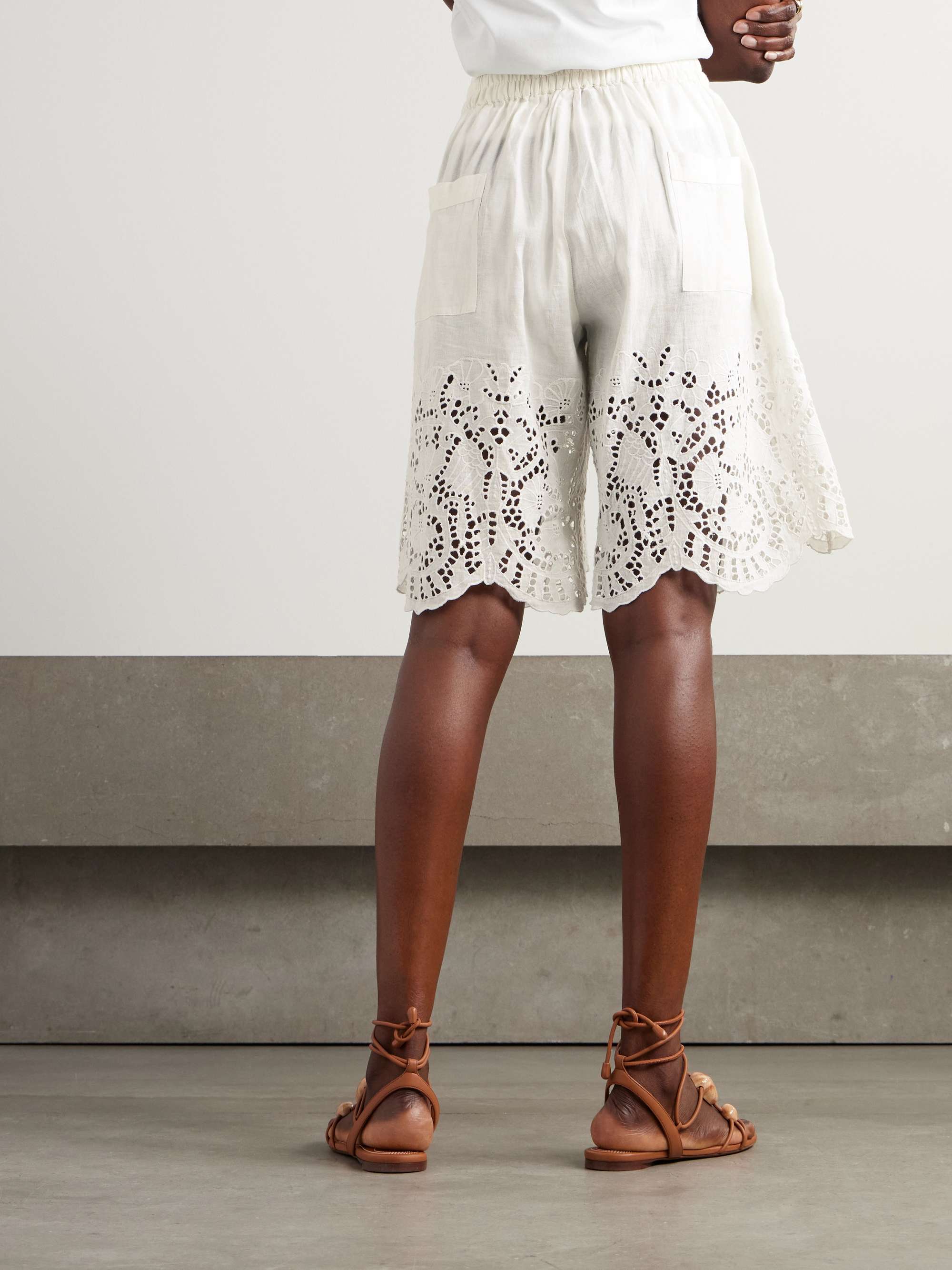Scalloped pleated broderie anglaise linen and cotton-blend shorts view