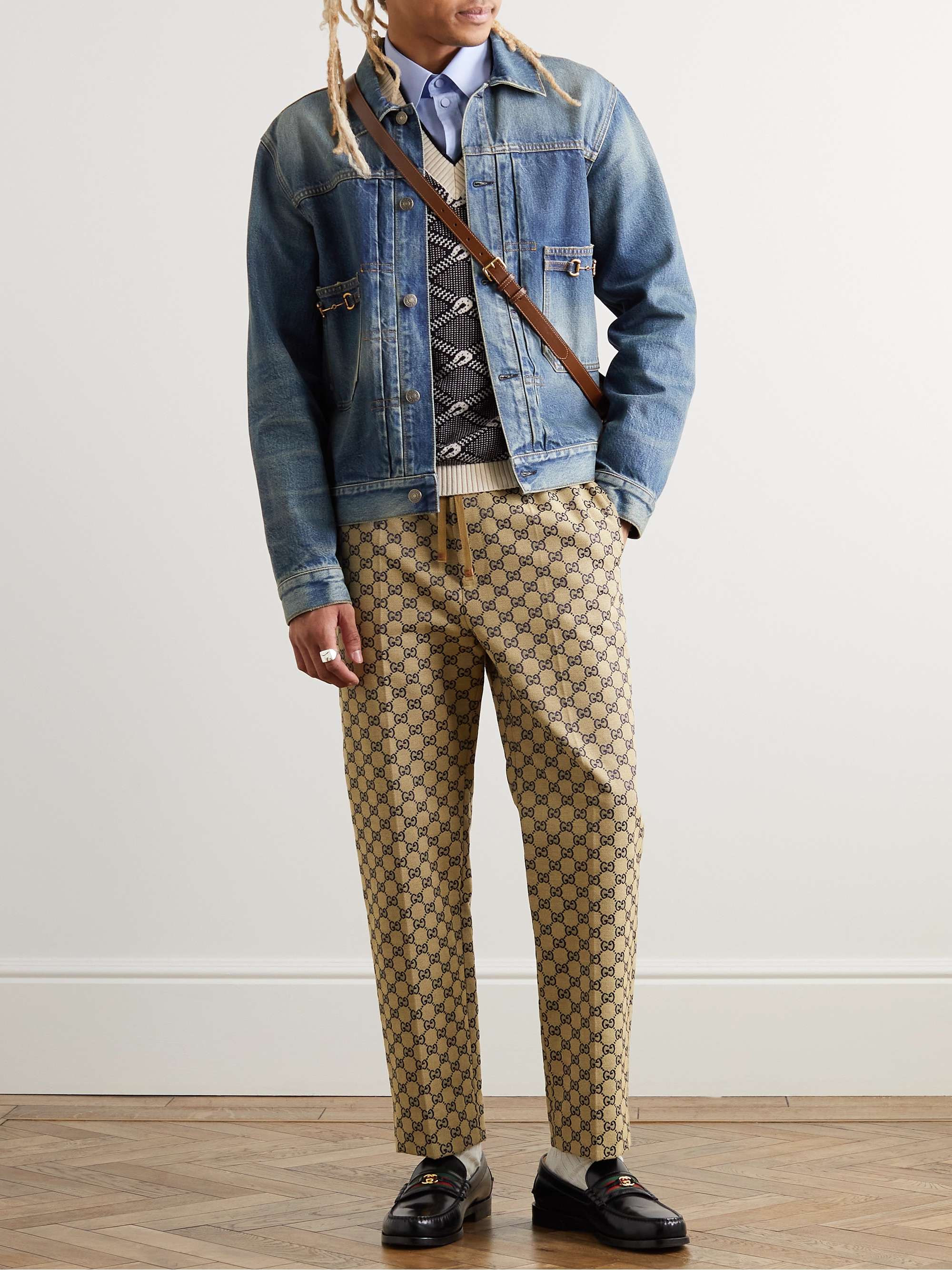 Tapered Monogrammed Cotton-Blend Jacquard Drawstring Trousers view