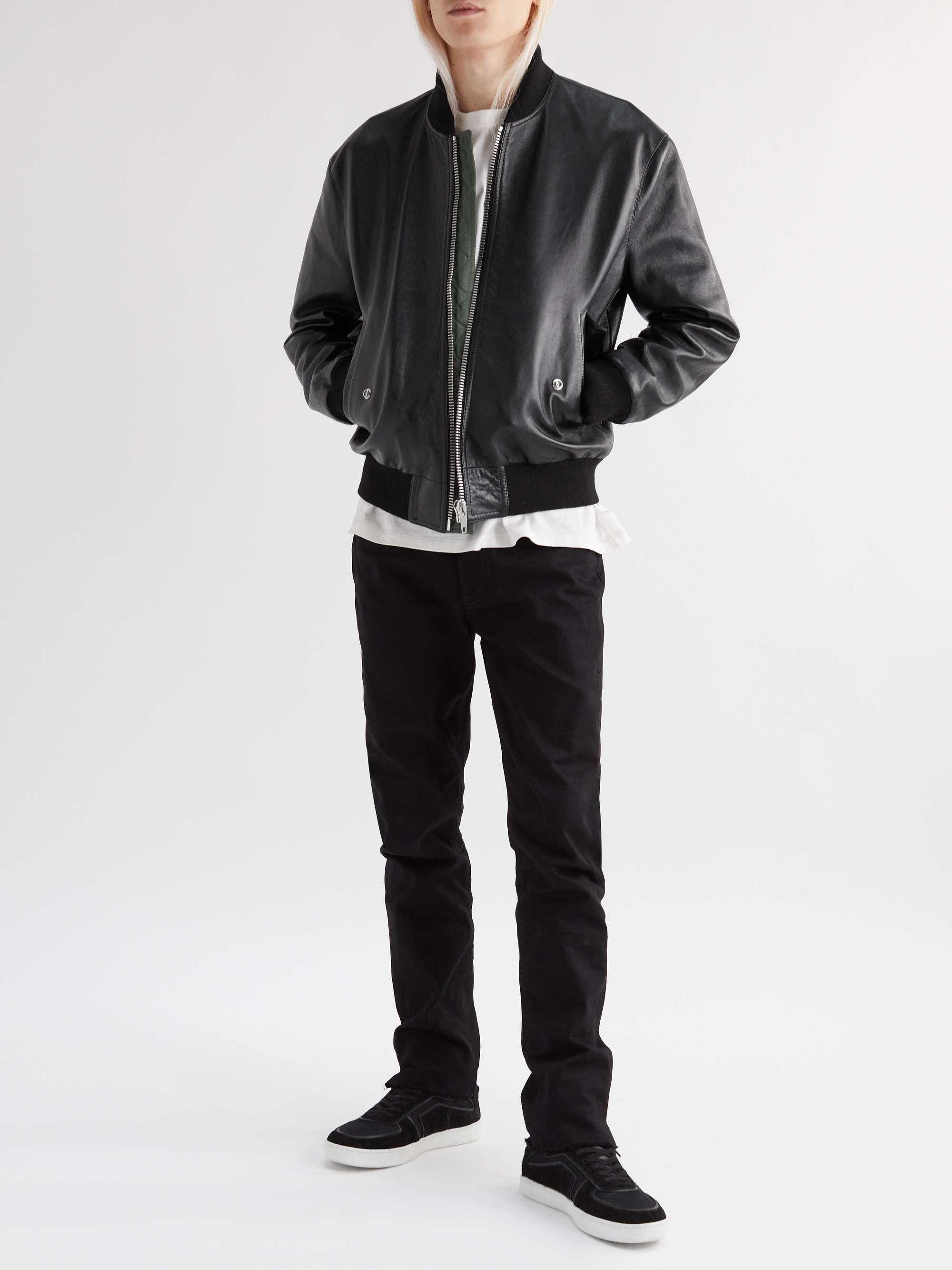 Logo-Embossed Leather Bomber Jacket view