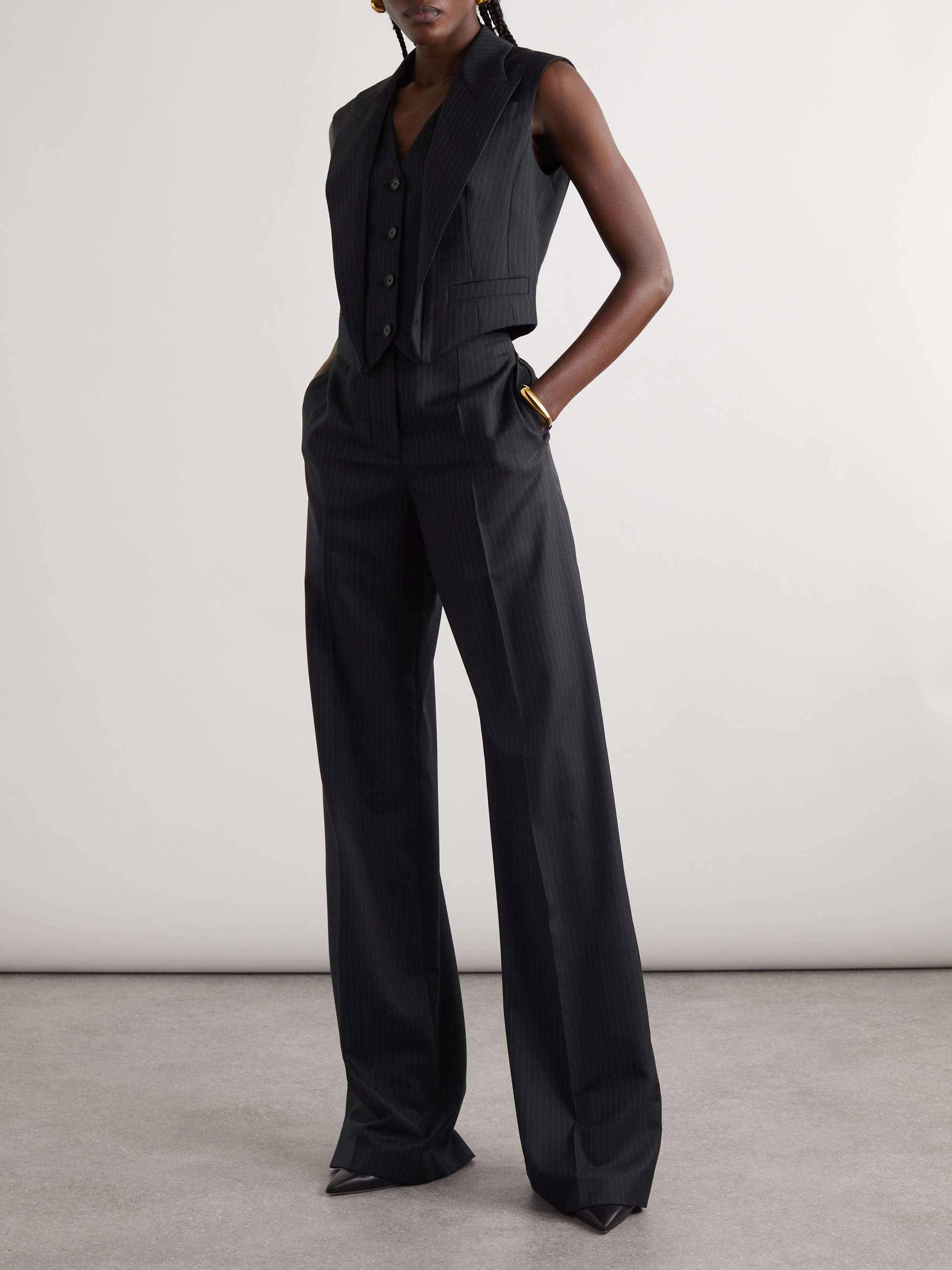 Buckled pleated pinstriped wool straight-leg pants view