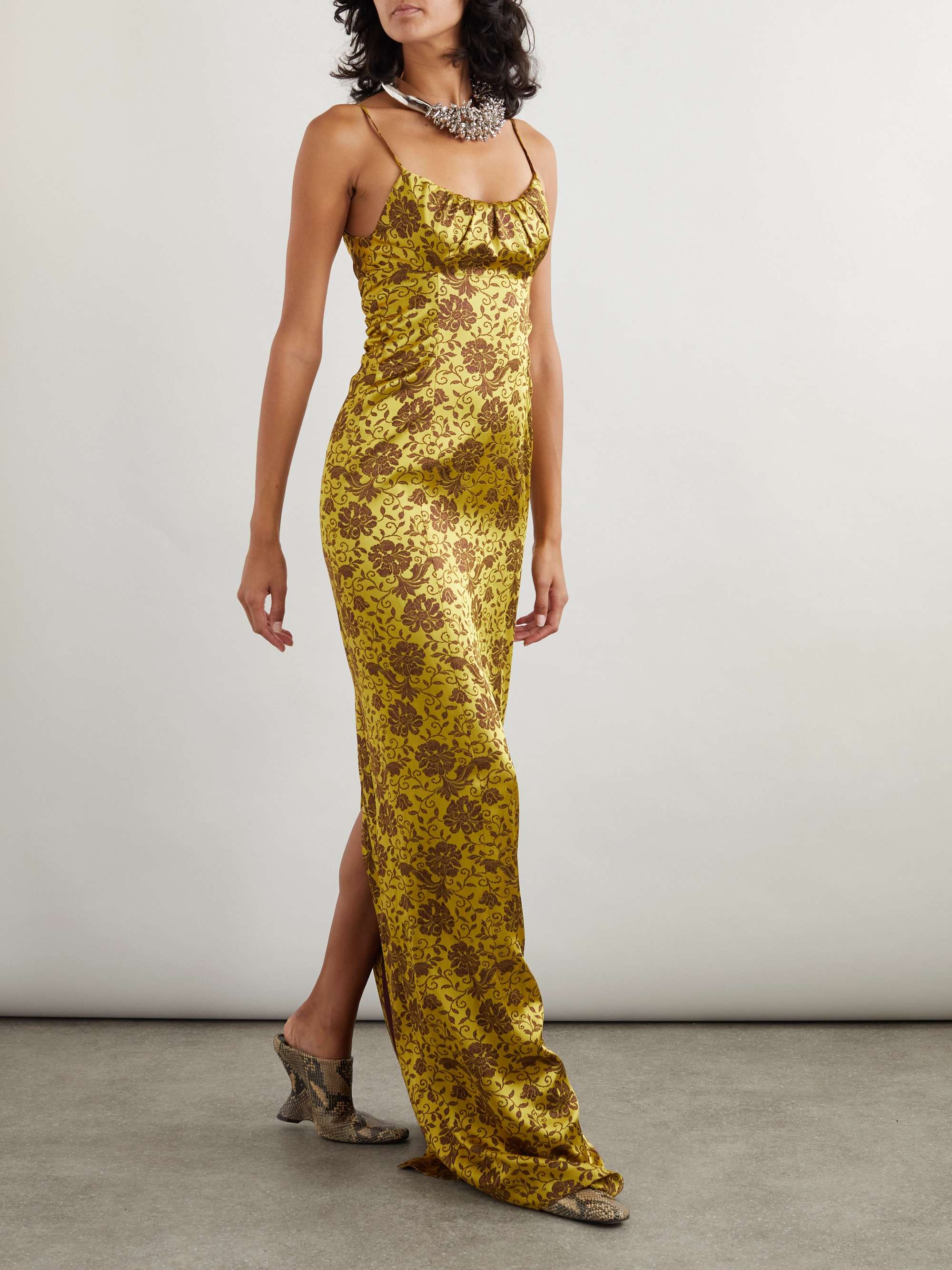 Gathered floral-brocade gown view