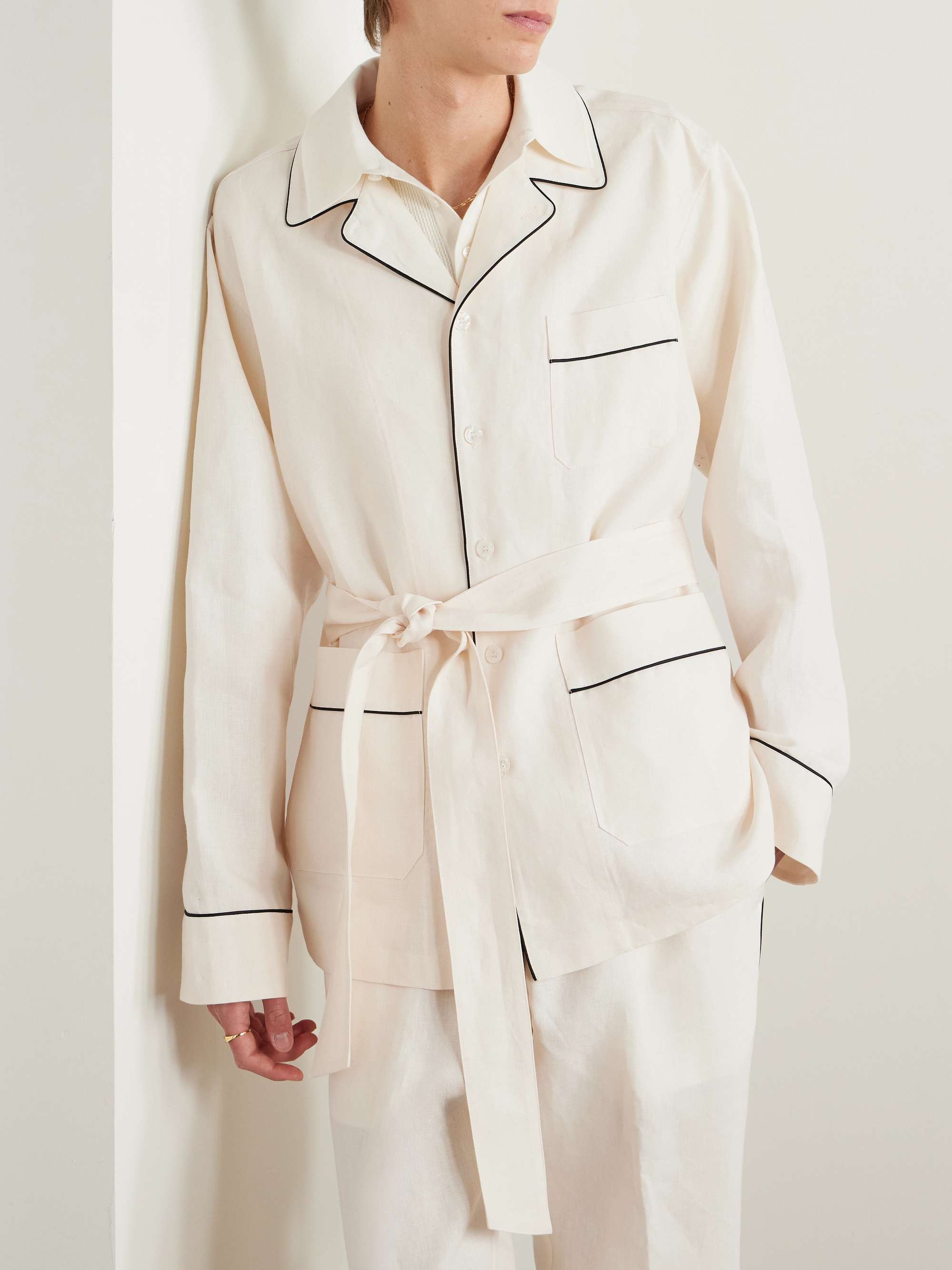 Camp-Collar Belted Piped Linen and Silk-Blend Overshirt view