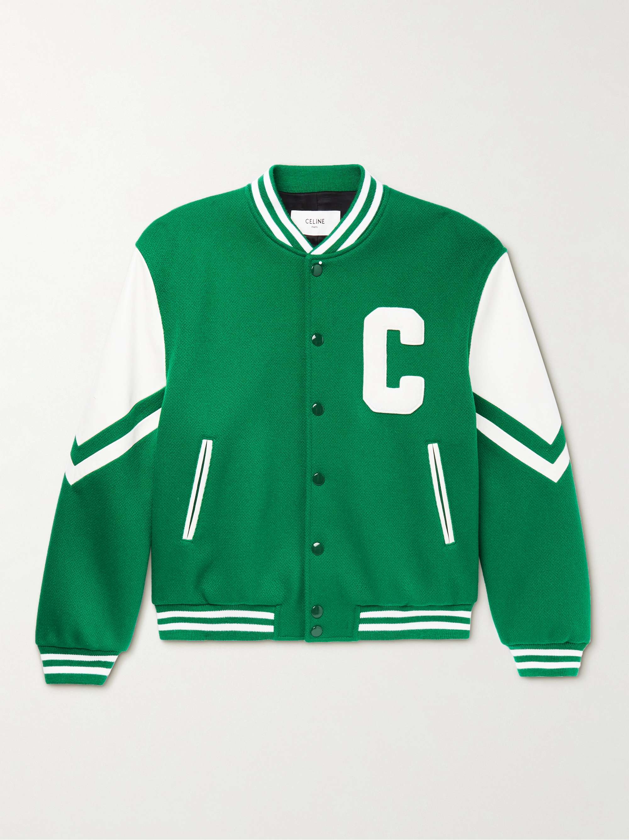 Teddy Appliquéd Virgin Wool-Blend and Leather Varsity Jacket view