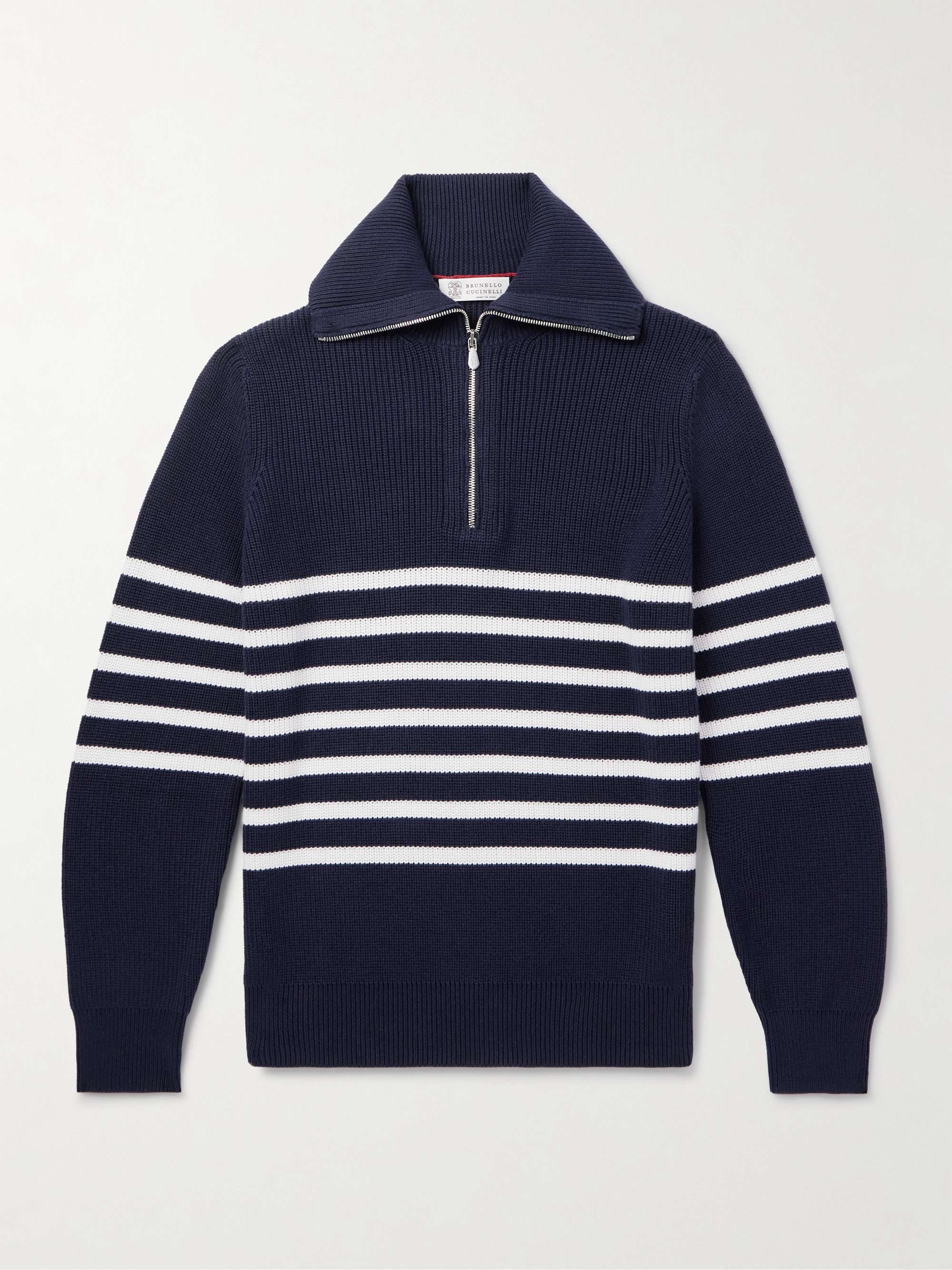 Striped Ribbed Cotton Half-Zip Sweater view