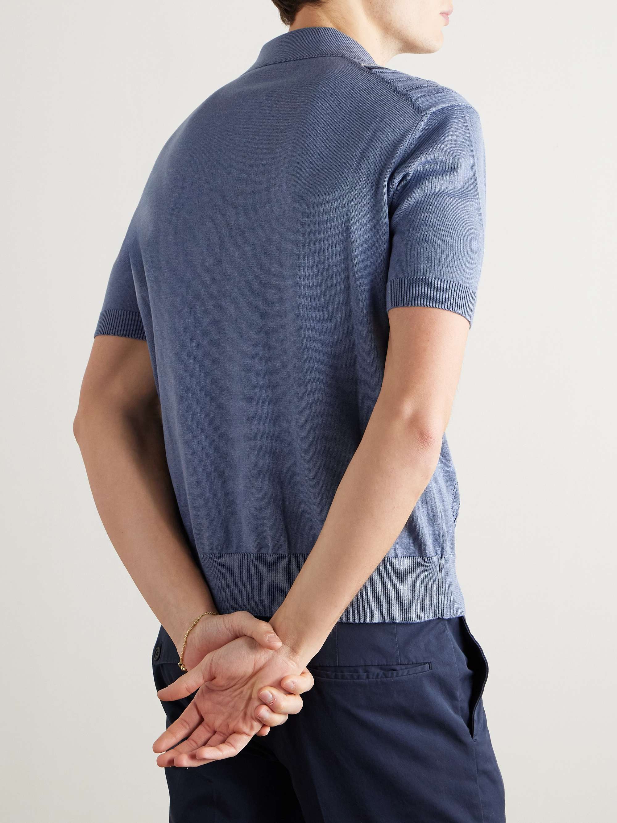 Slim-Fit Striped Pointelle-Knit Silk and Cotton-Blend Polo Shirt view