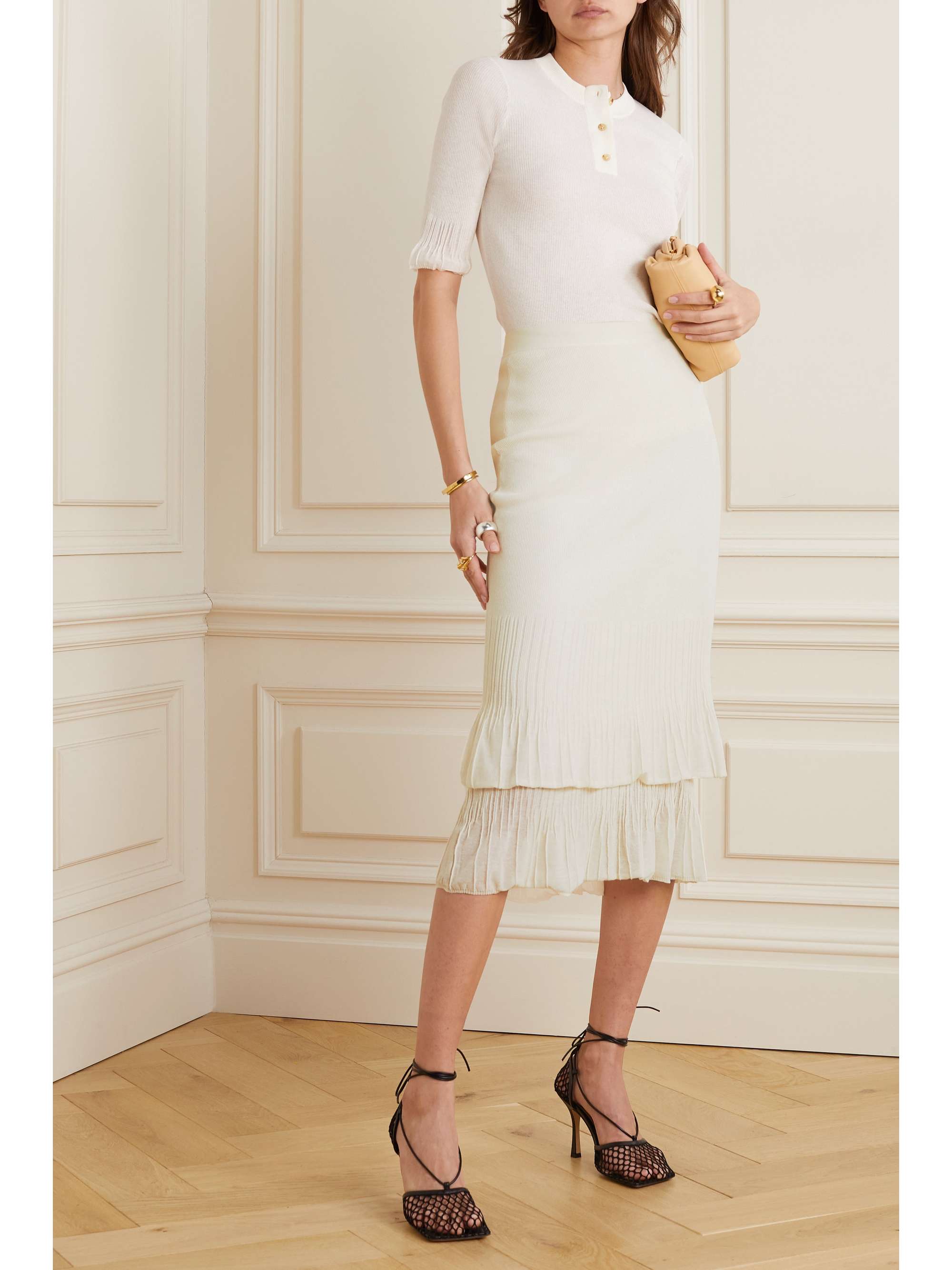 Ribbed pleated cotton-blend midi skirt view