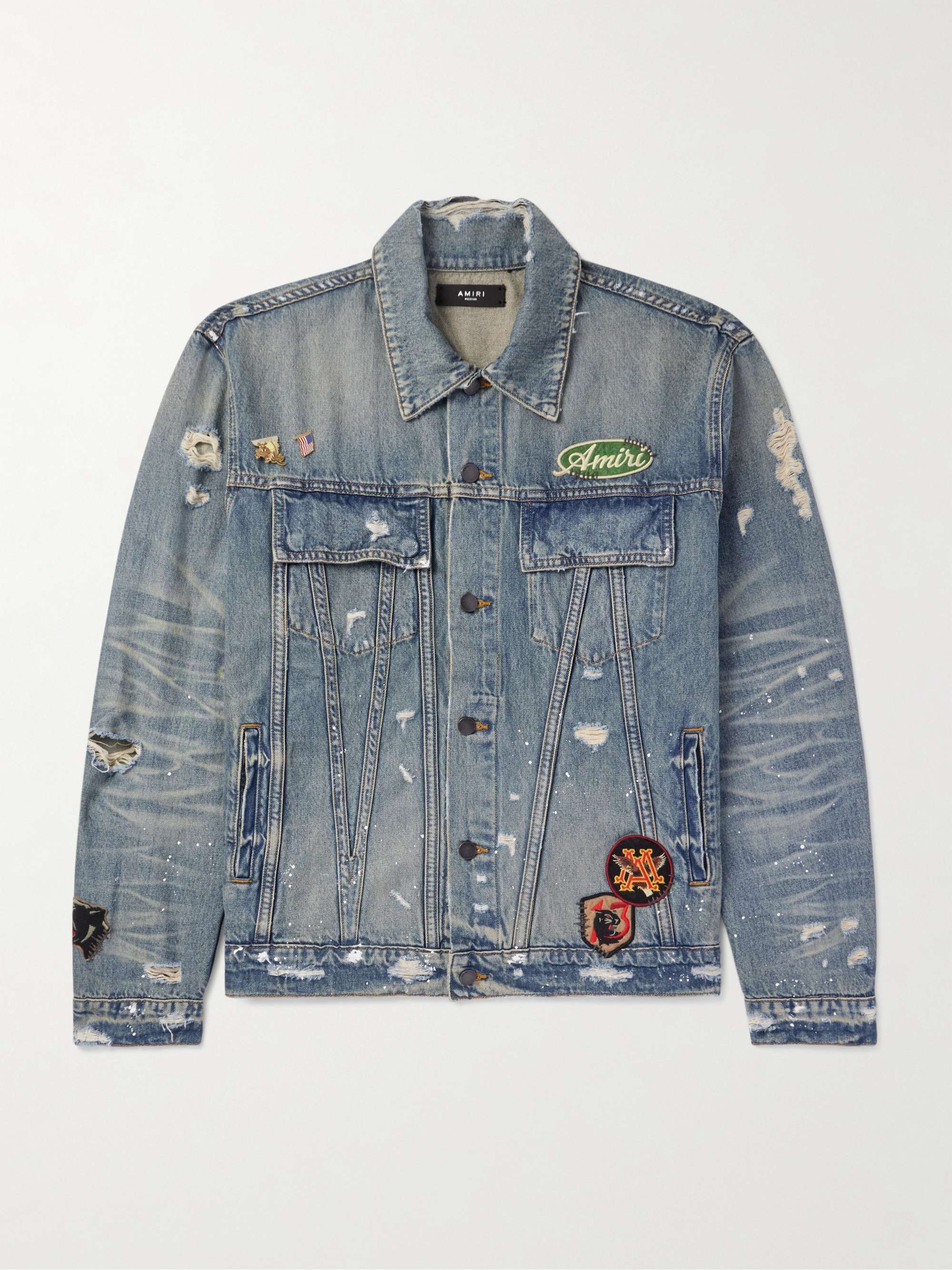 Vintage Pegasus Embellished Distressed Paint-Splattered Denim Trucker Jacket view