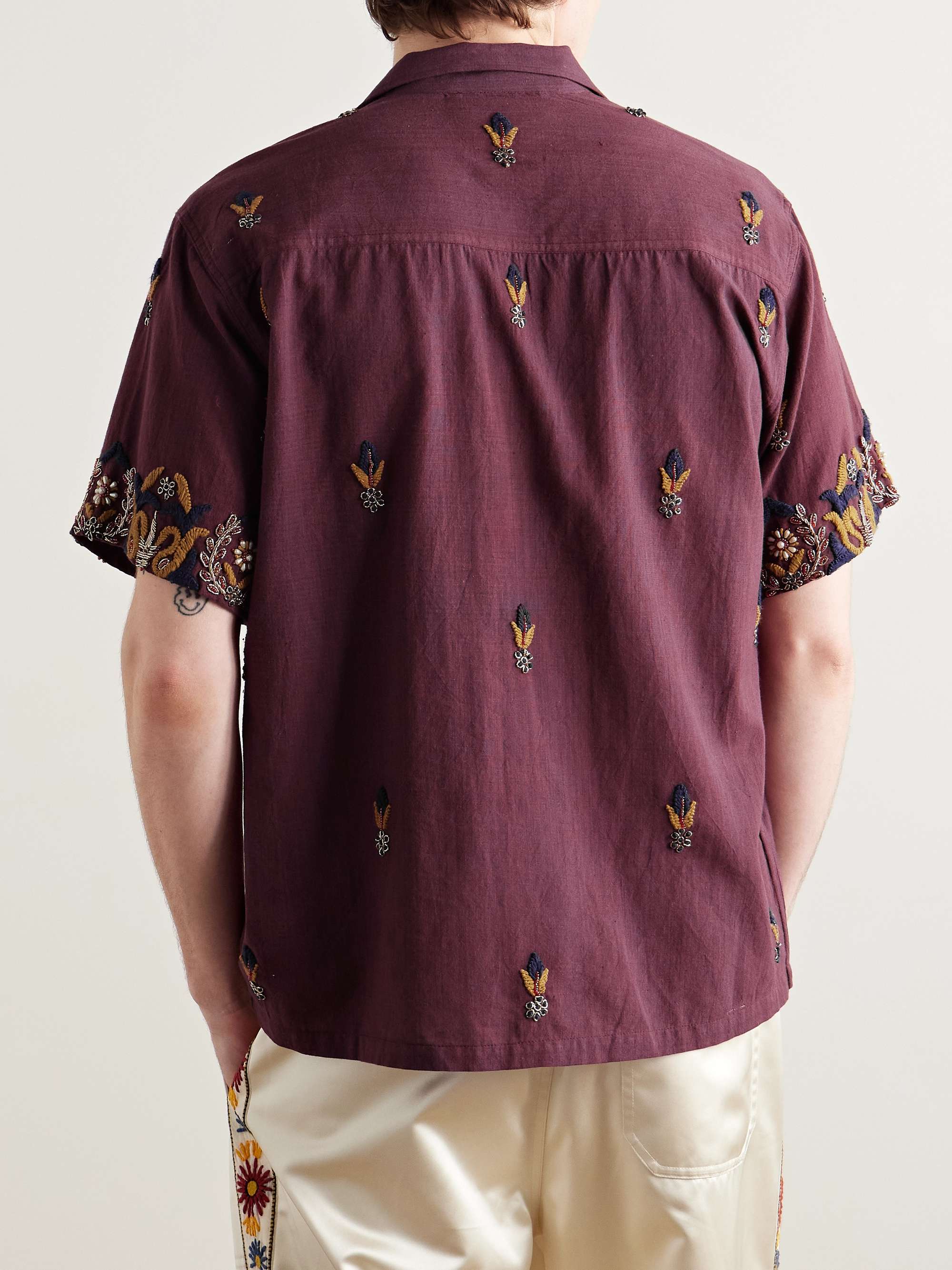 Camp-Collar Embellished Embroidered Cotton Shirt view