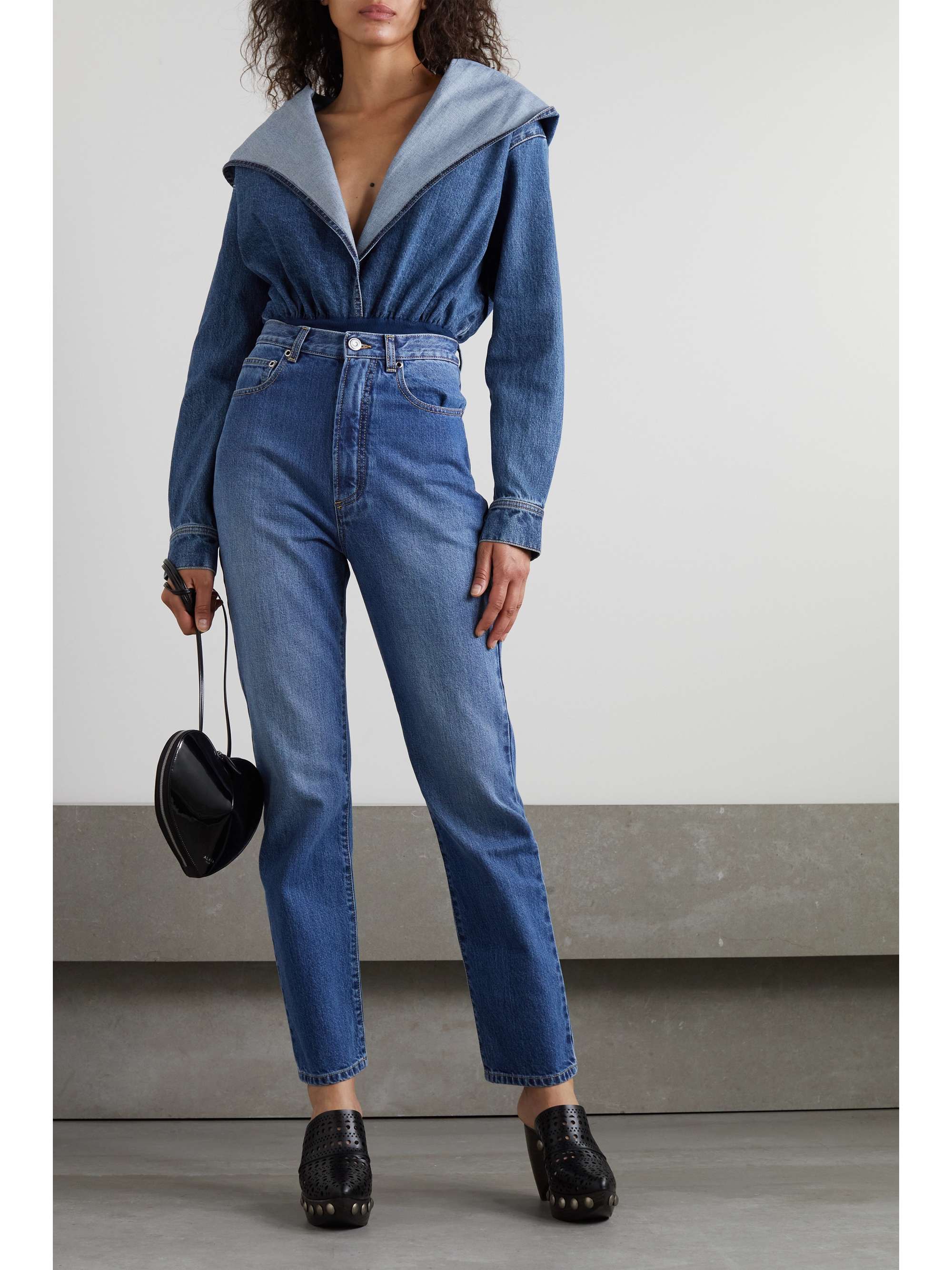 Hooded denim and stretch-knit thong bodysuit view