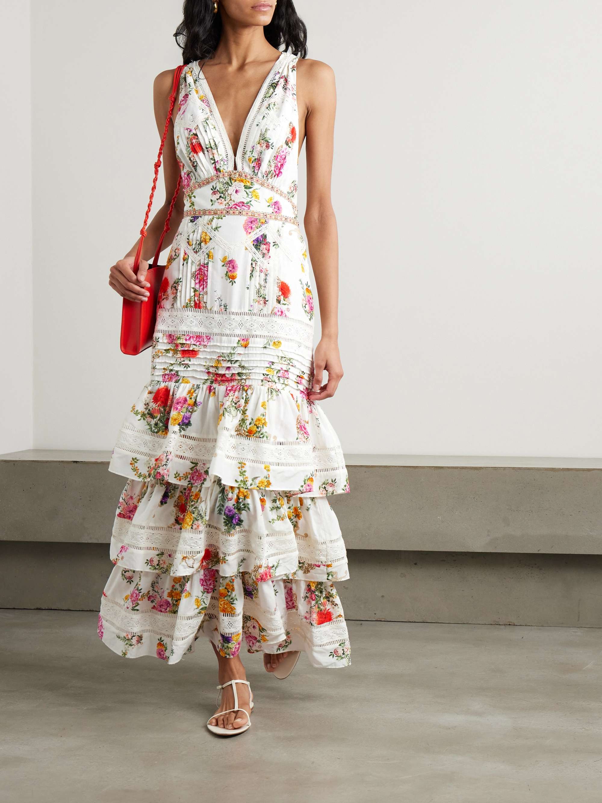 Embellished ruffled lace-trimmed floral-print cotton and silk-blend midi dress view