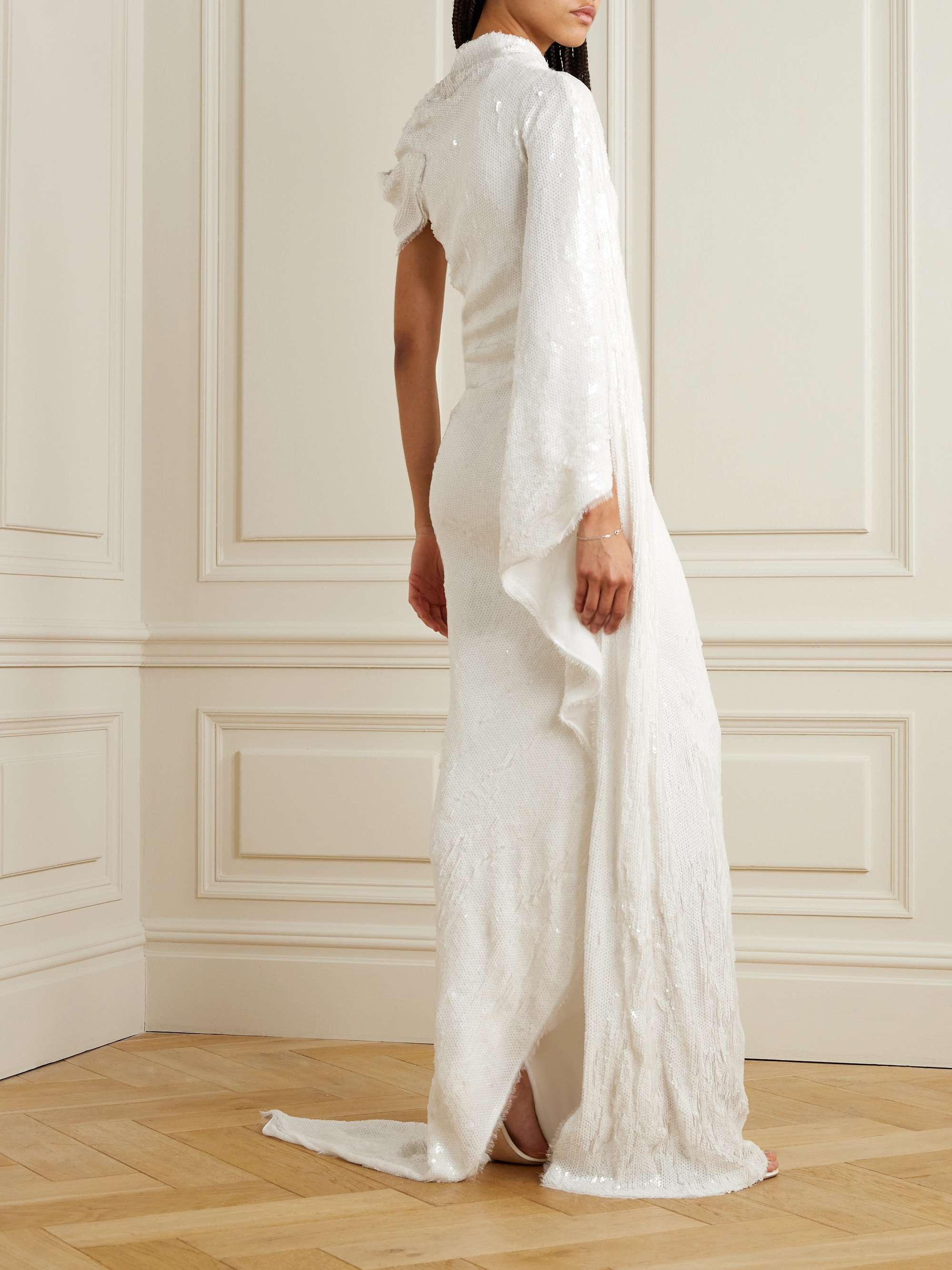 Asymmetric cape-effect draped sequined silk-blend gown view