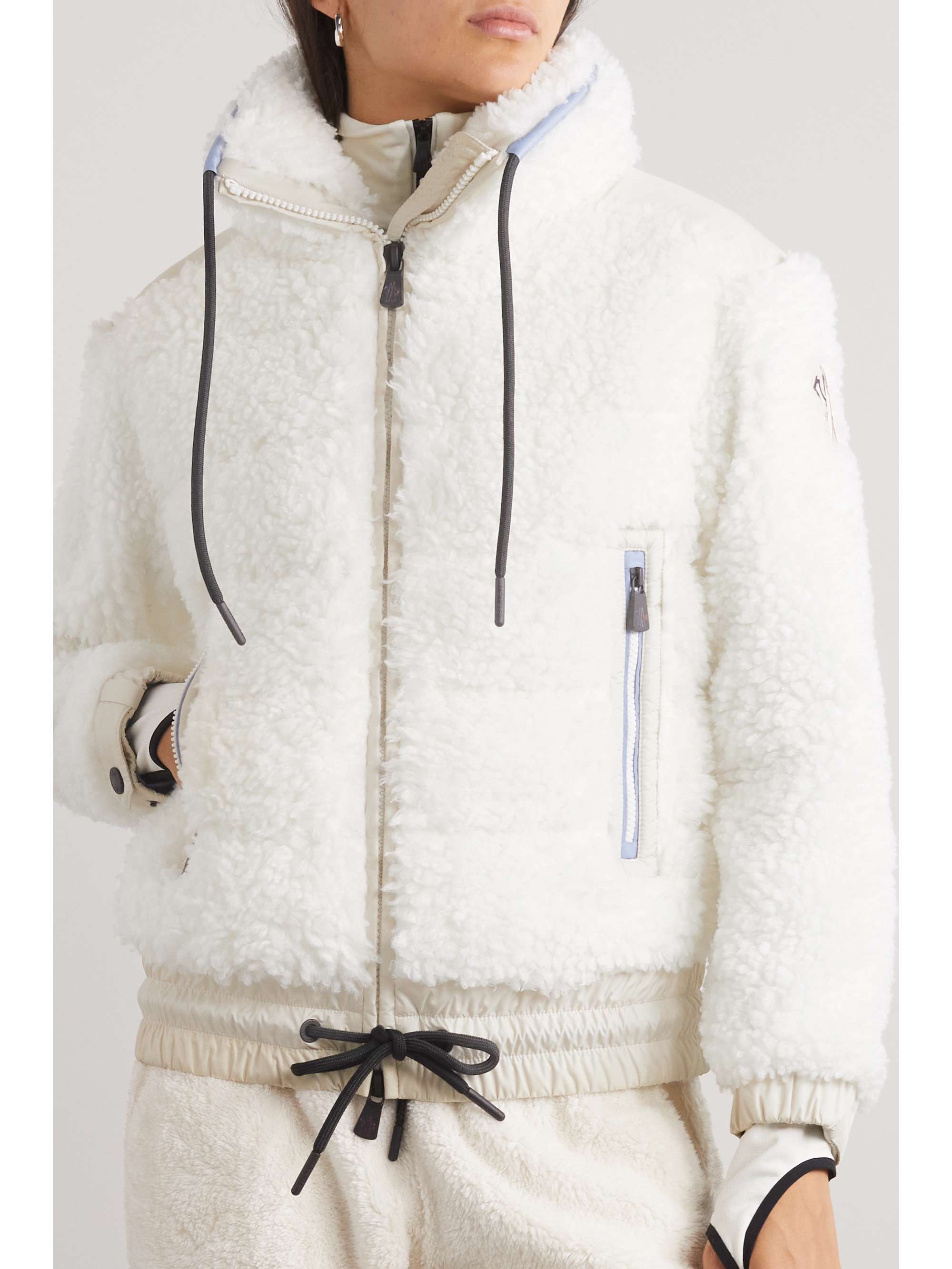 Appliquéd shell-paneled faux shearling down ski jacket view