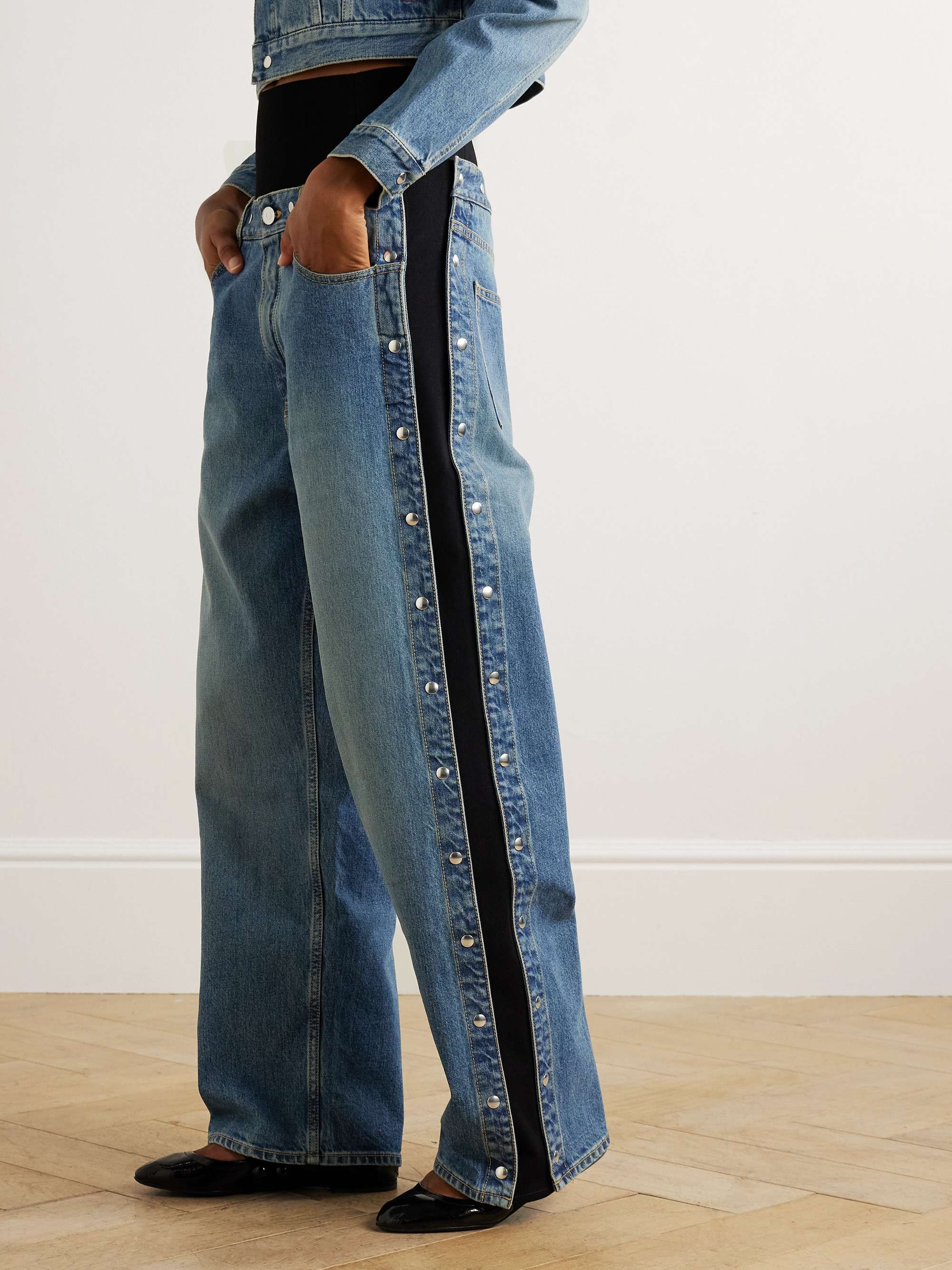 Studded jersey-trimmed high-rise wide-leg jeans view