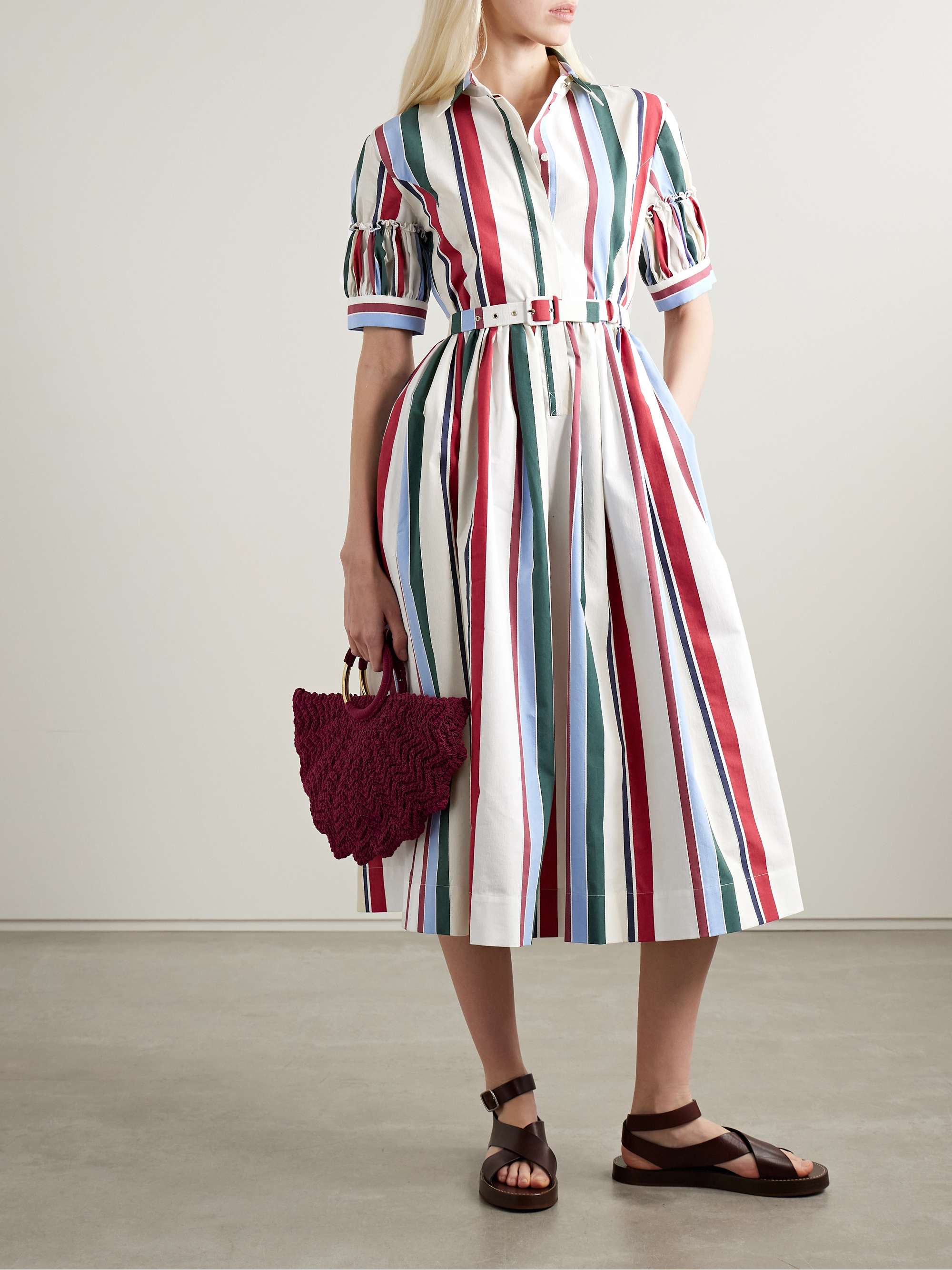 Libertine belted gathered striped cotton-blend poplin midi shirt dress view