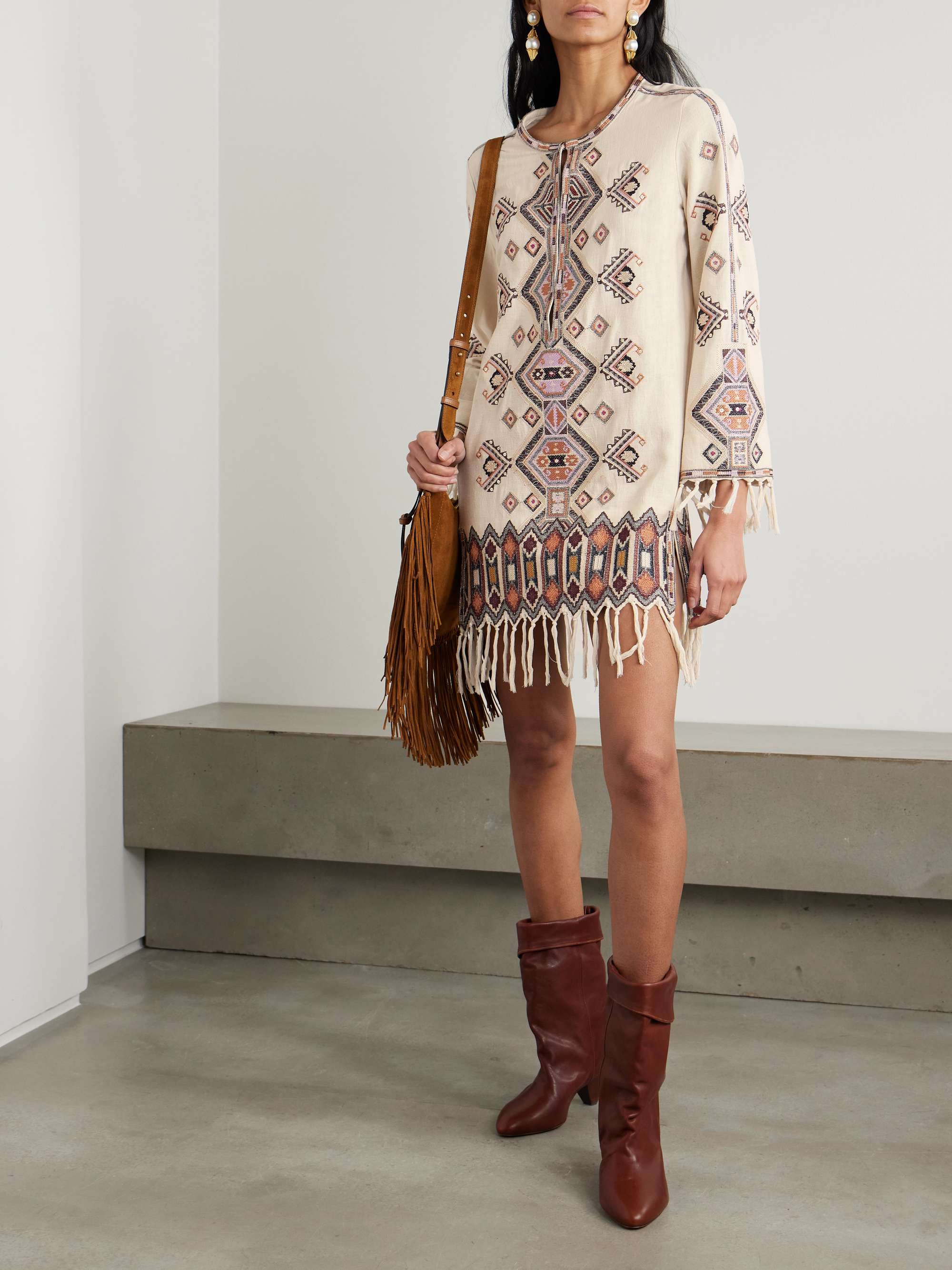 Zayana fringed embellished embroidered silk-gauze mini dress view