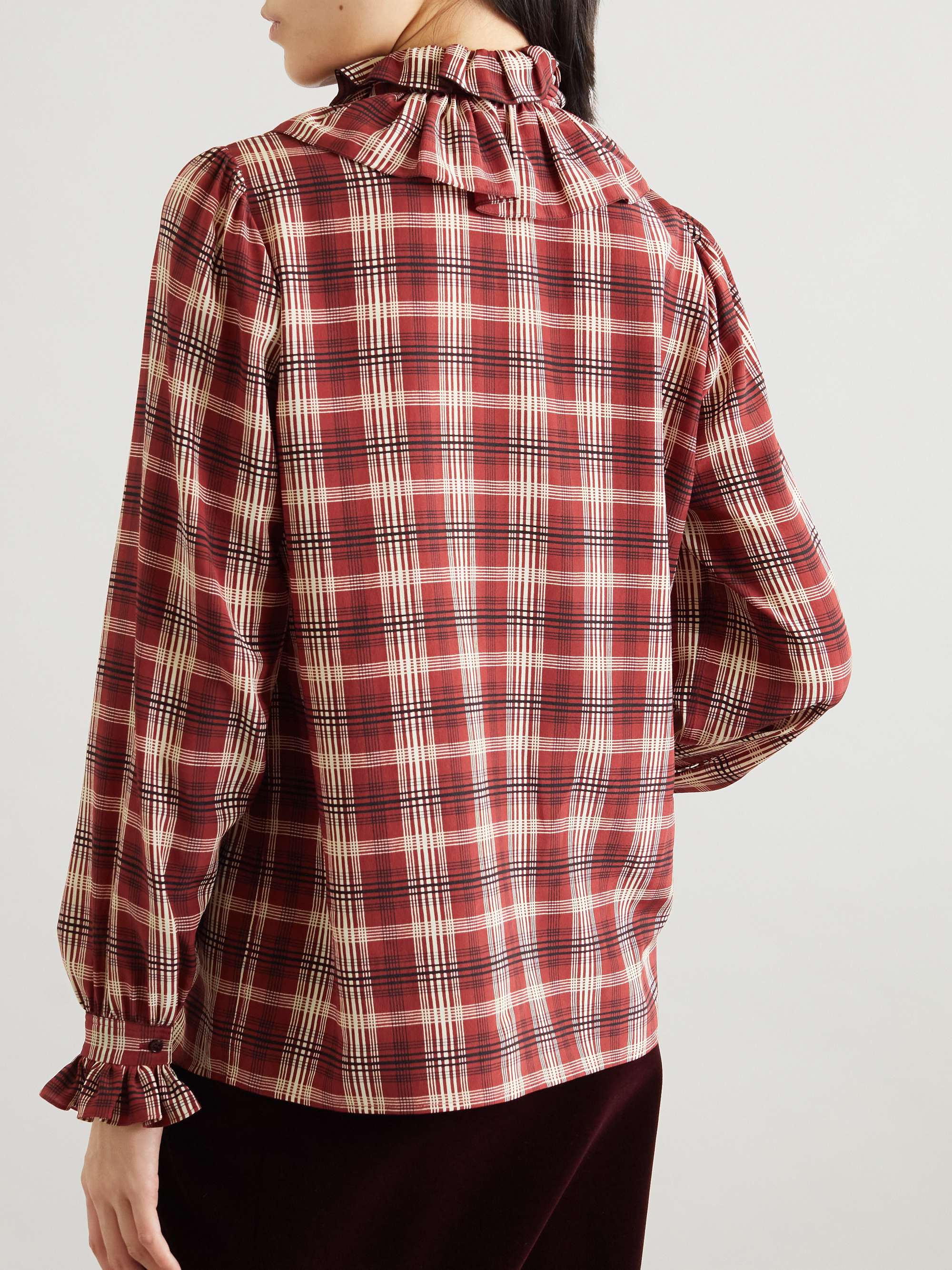 Pussy-bow ruched checked silk blouse view