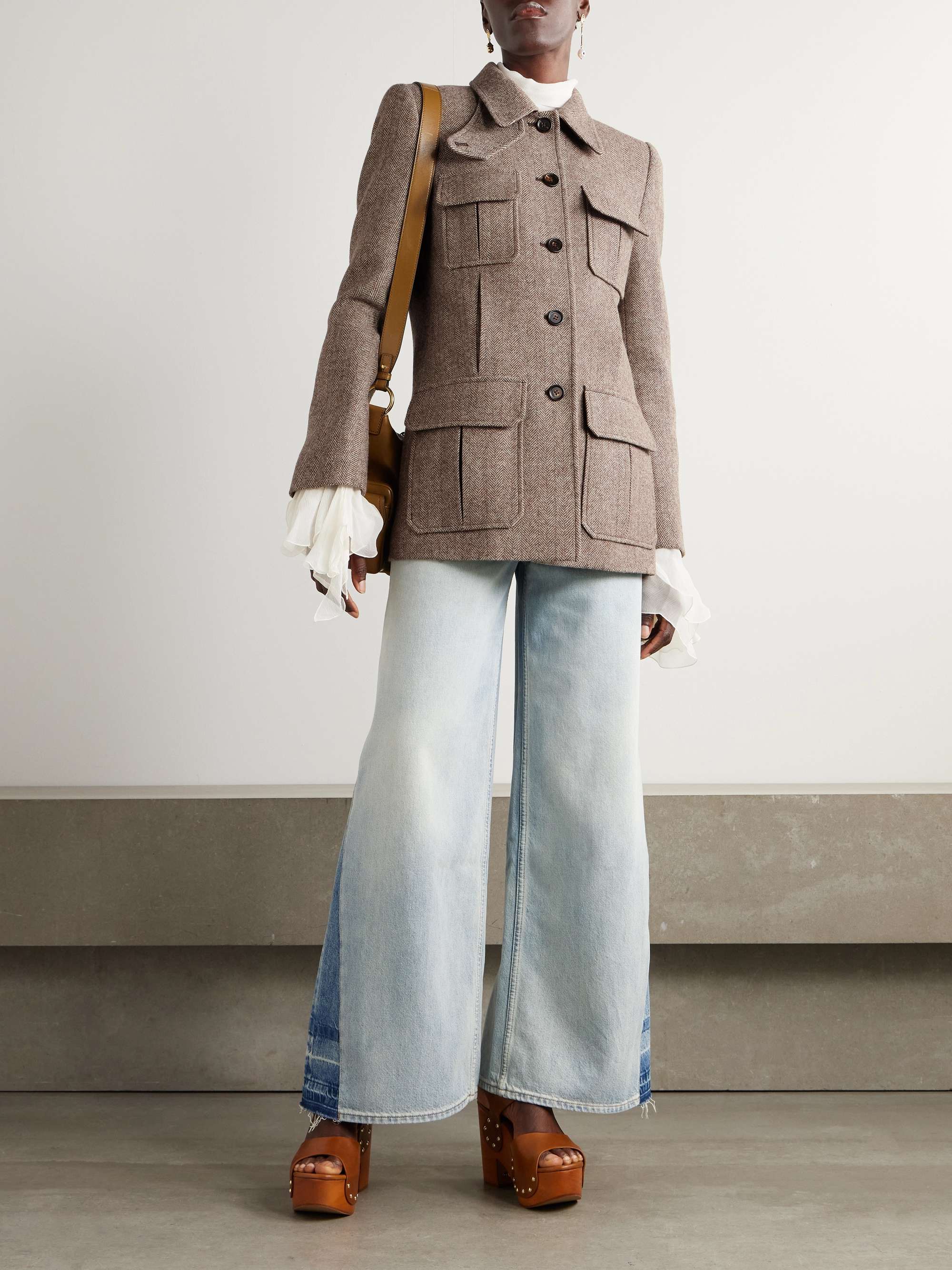 Leather-trimmed herringbone wool jacket view