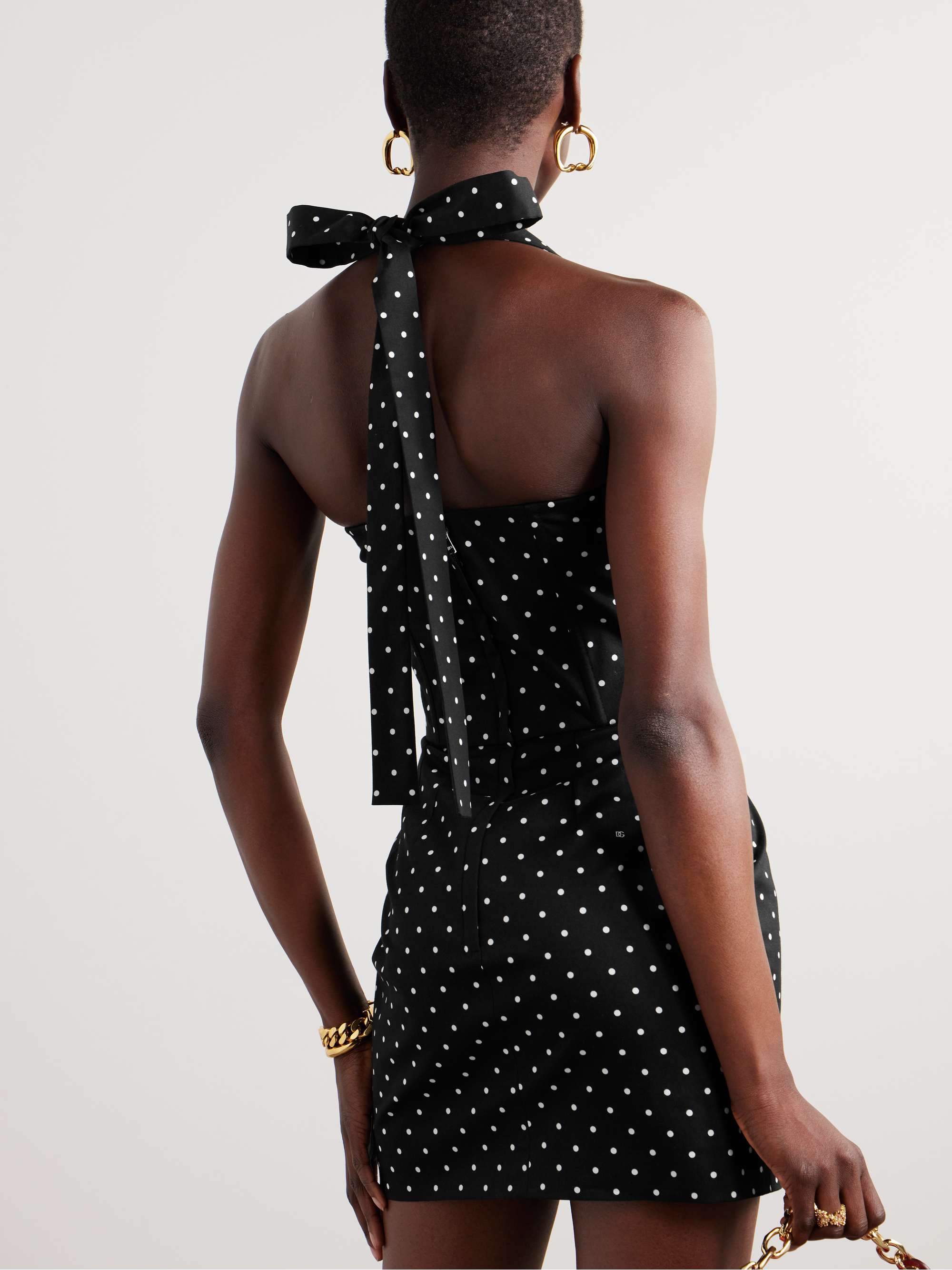Printed polka-dot cotton-blend drill halterneck mini dress view
