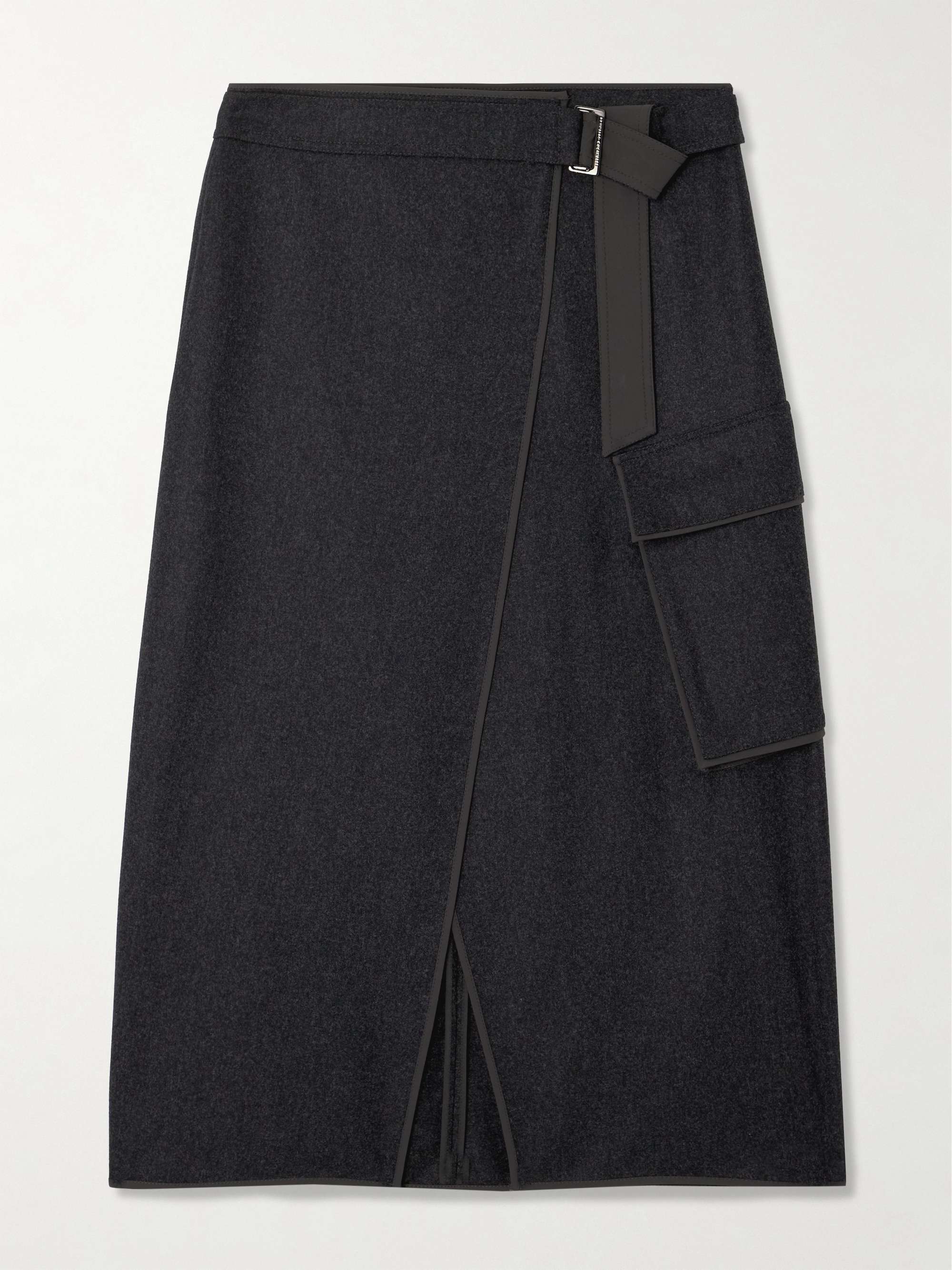 Shell-trimmed wool-felt wrap midi skirt view