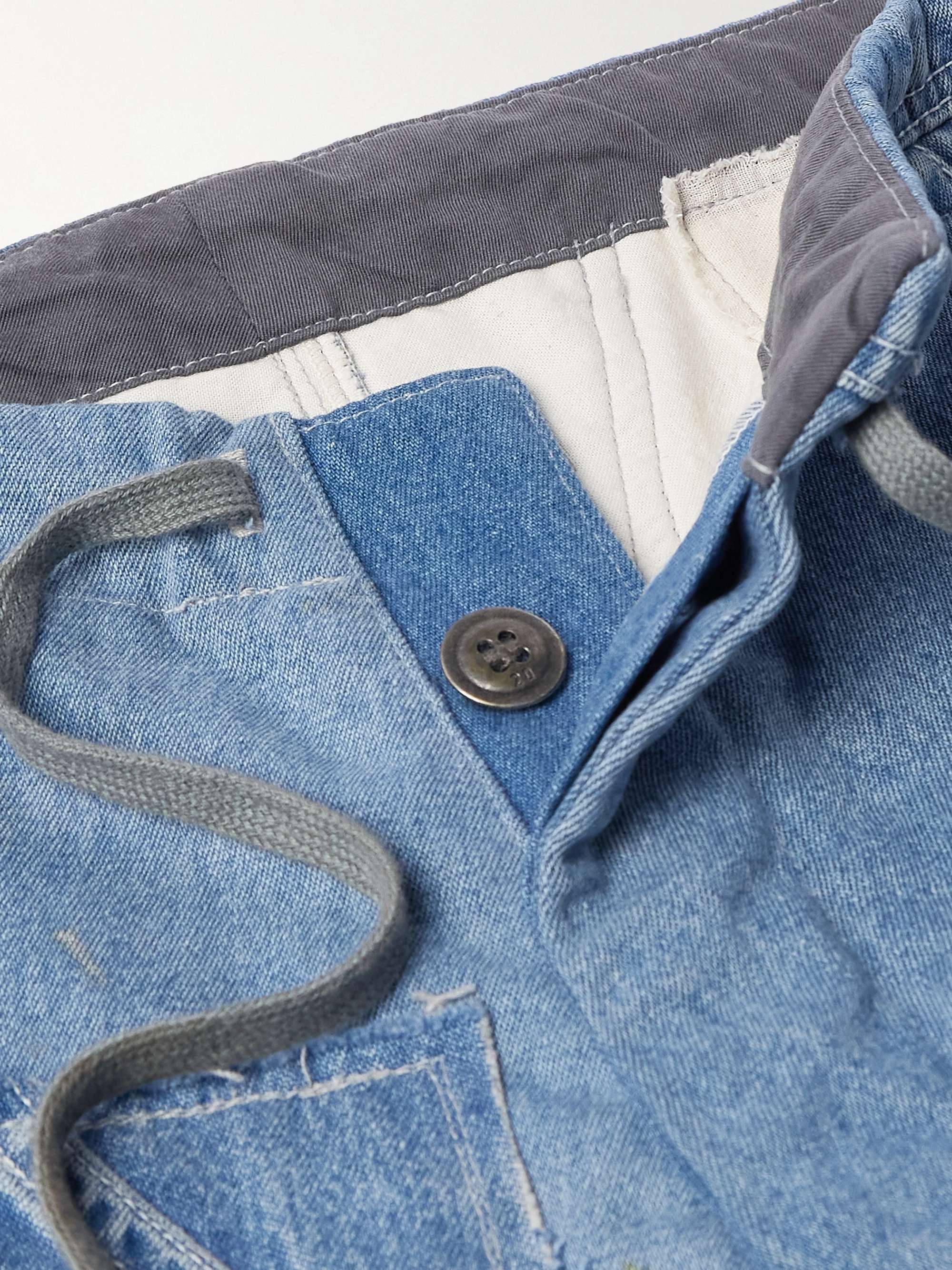 Tapered Cropped Frayed Patchwork Drawstring Jeans view