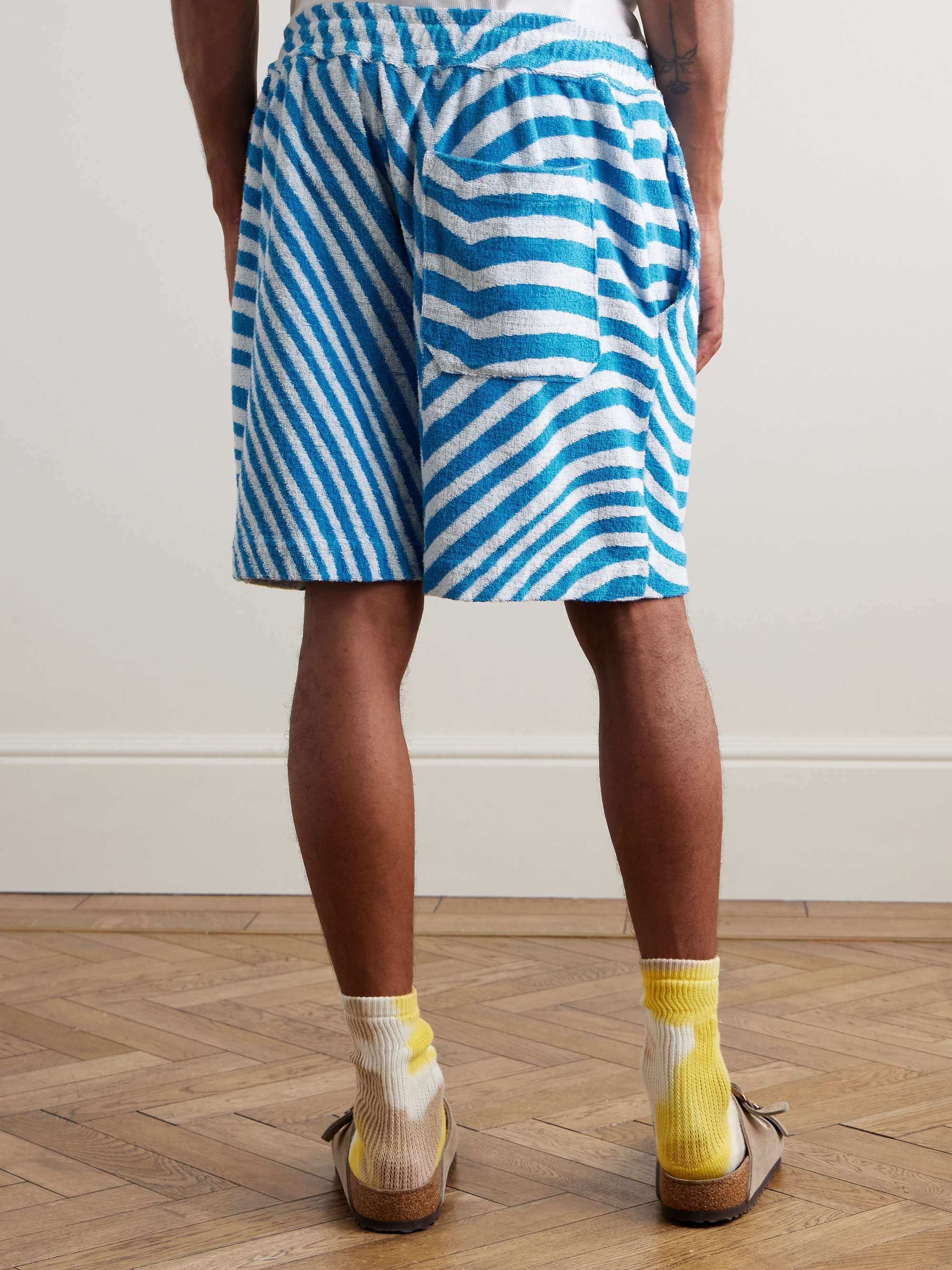 Straight-Leg Embroidered Striped Organic Cotton-Terry Drawstring Shorts view