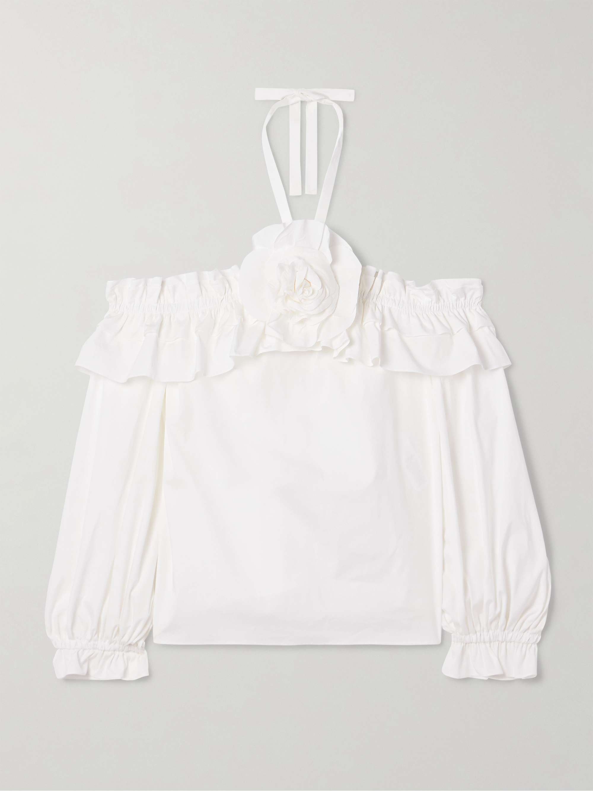 Off-the-shoulder ruffled appliquéd cotton-blend poplin halterneck blouse view